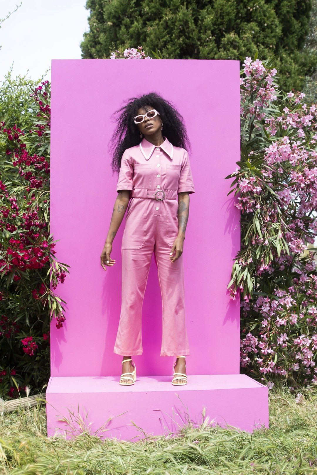 Pink and white jumpsuit sales
