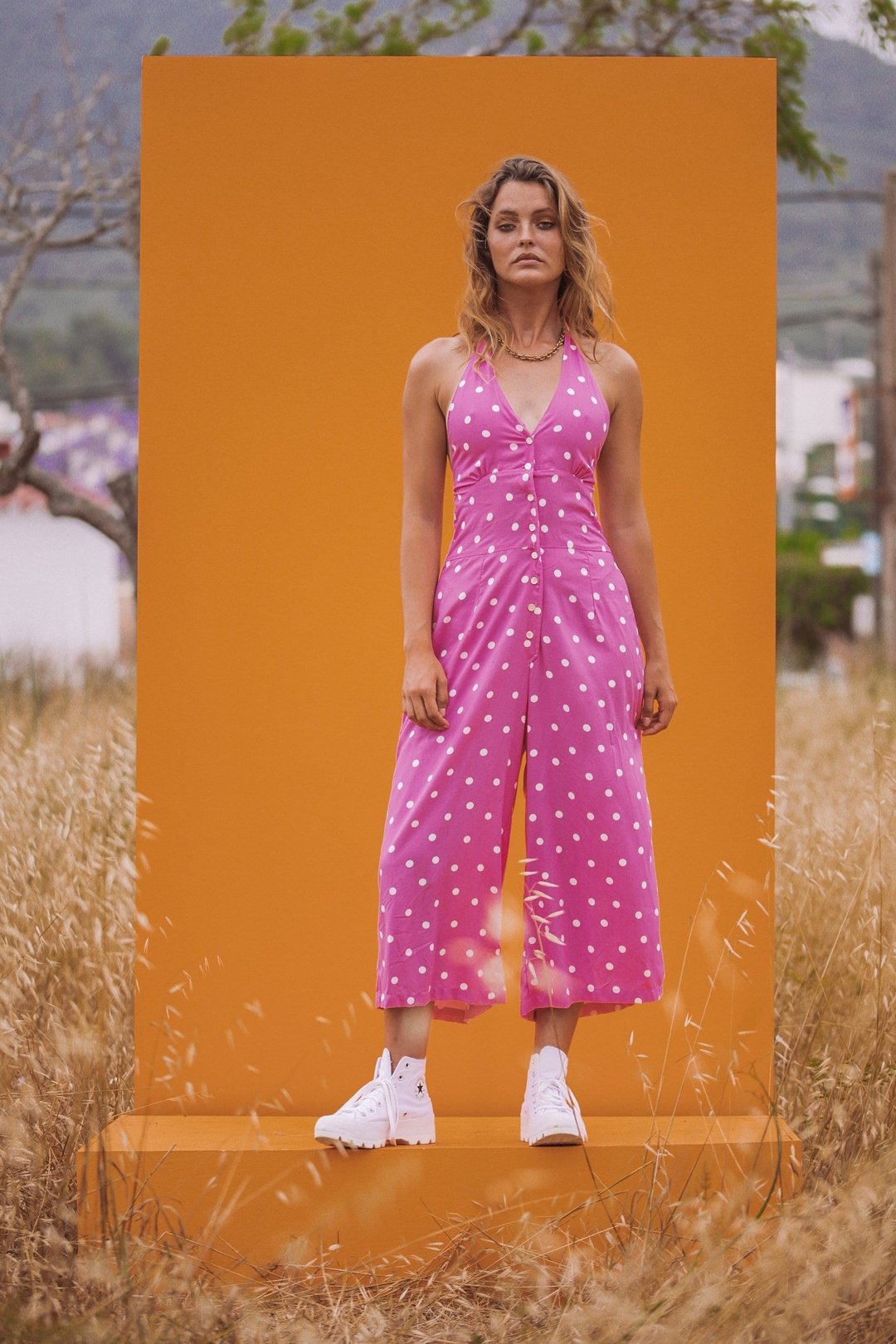 BAMBI HALTERNECK JUMPSUIT- Women's Wide Leg Pink and White Polkadot Playsuit