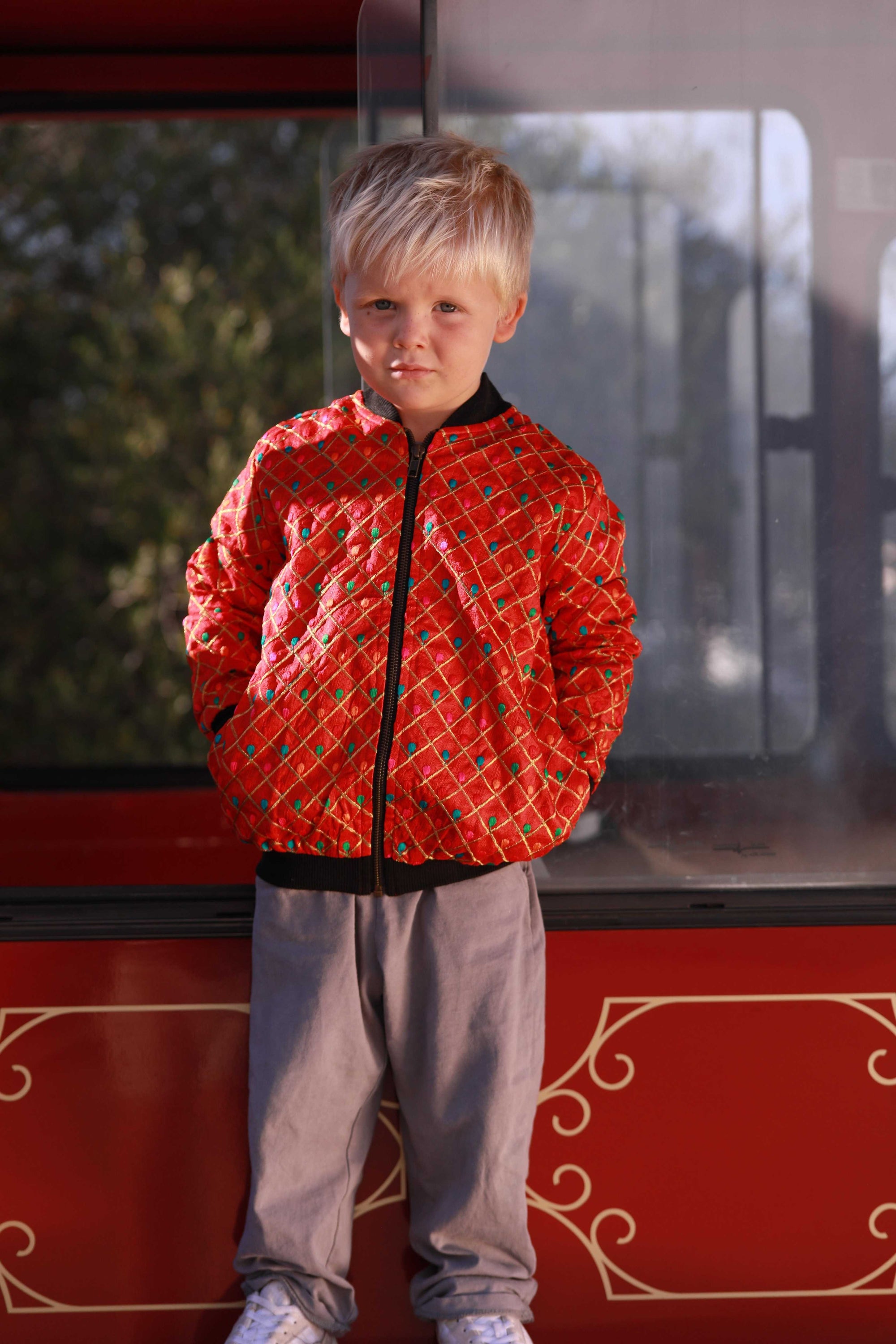 Kids Embroidered Bomber - Red