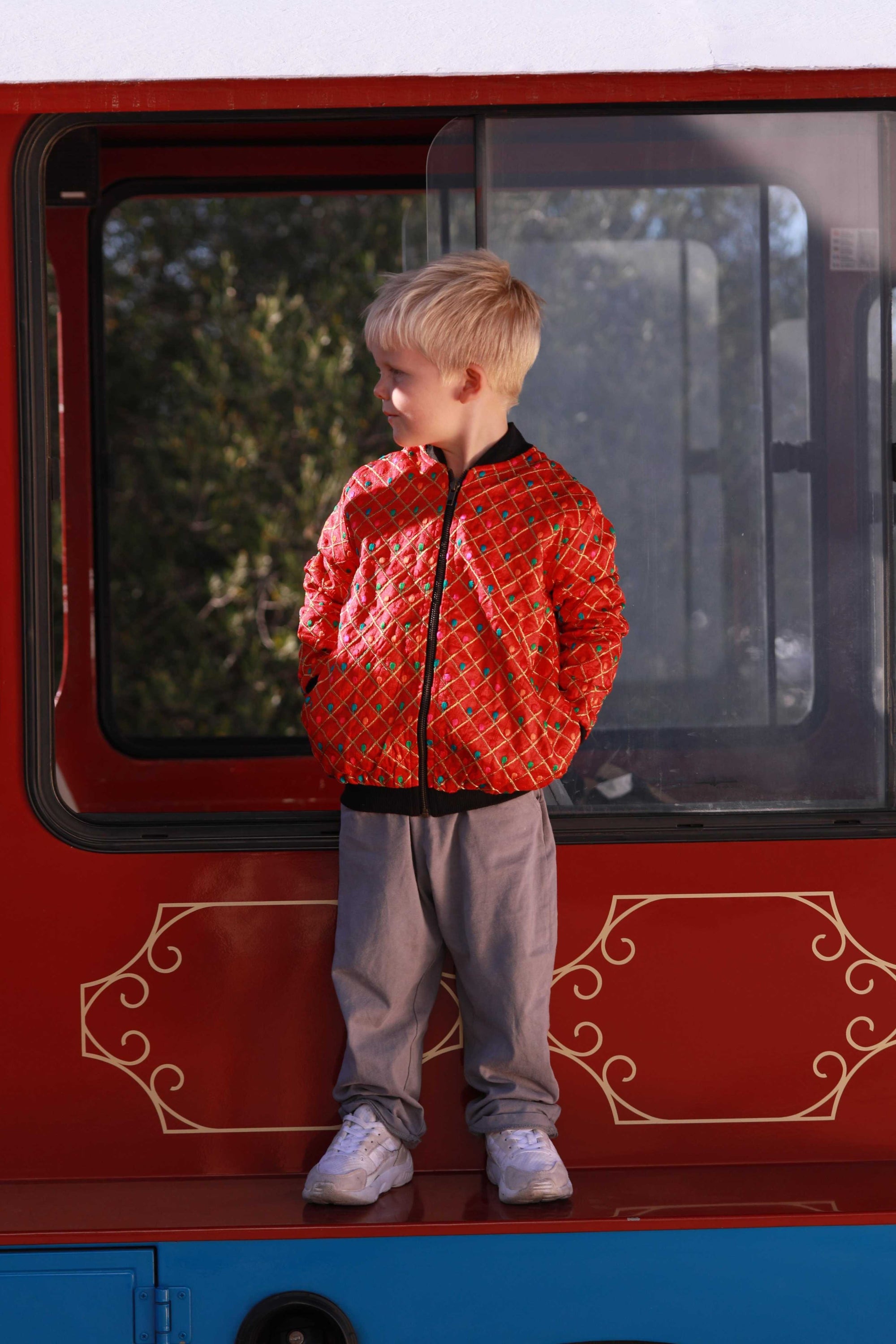 Kids Embroidered Bomber - Red