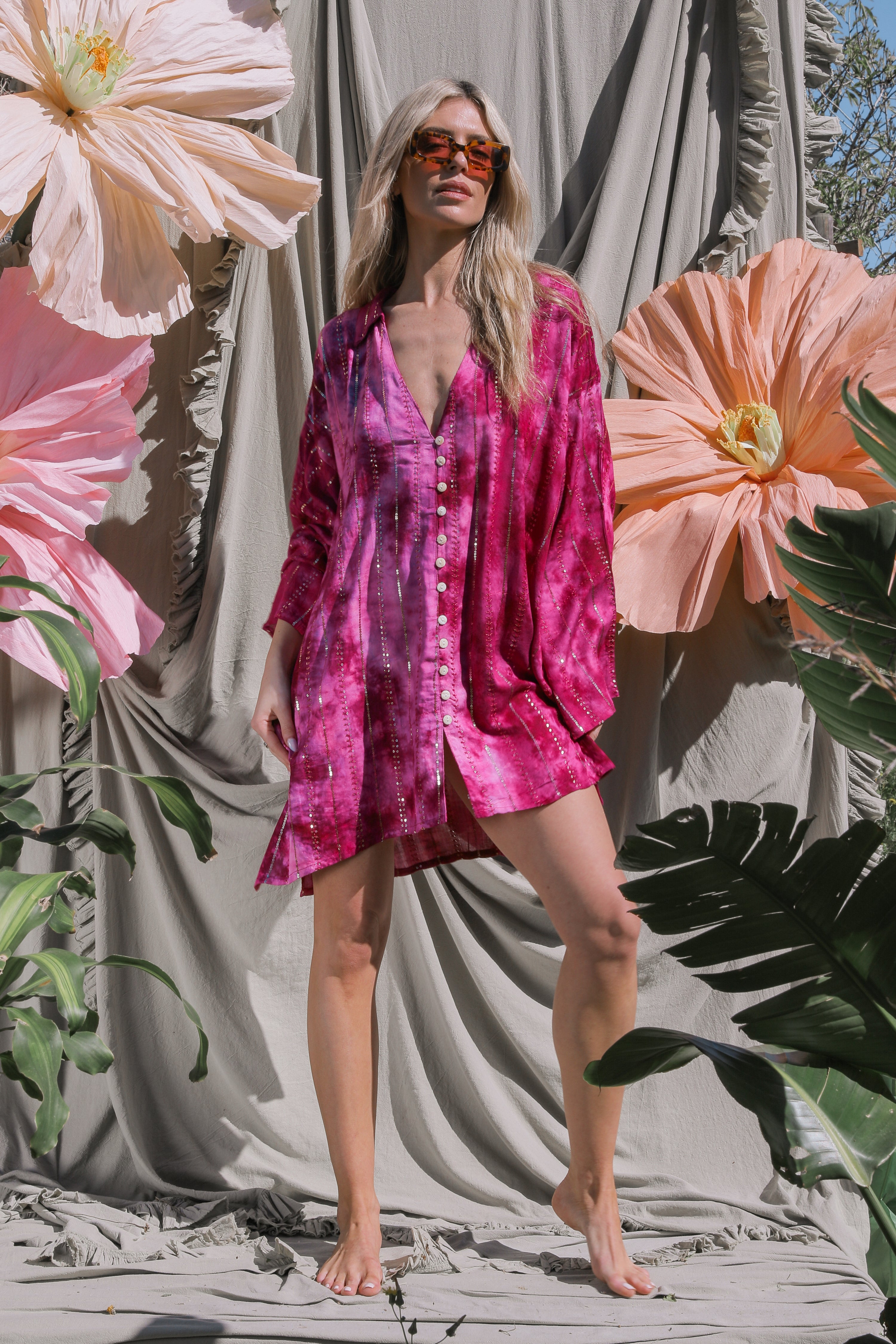 'Las Dalias' LOUNGE SET Shirt - Hot Pink