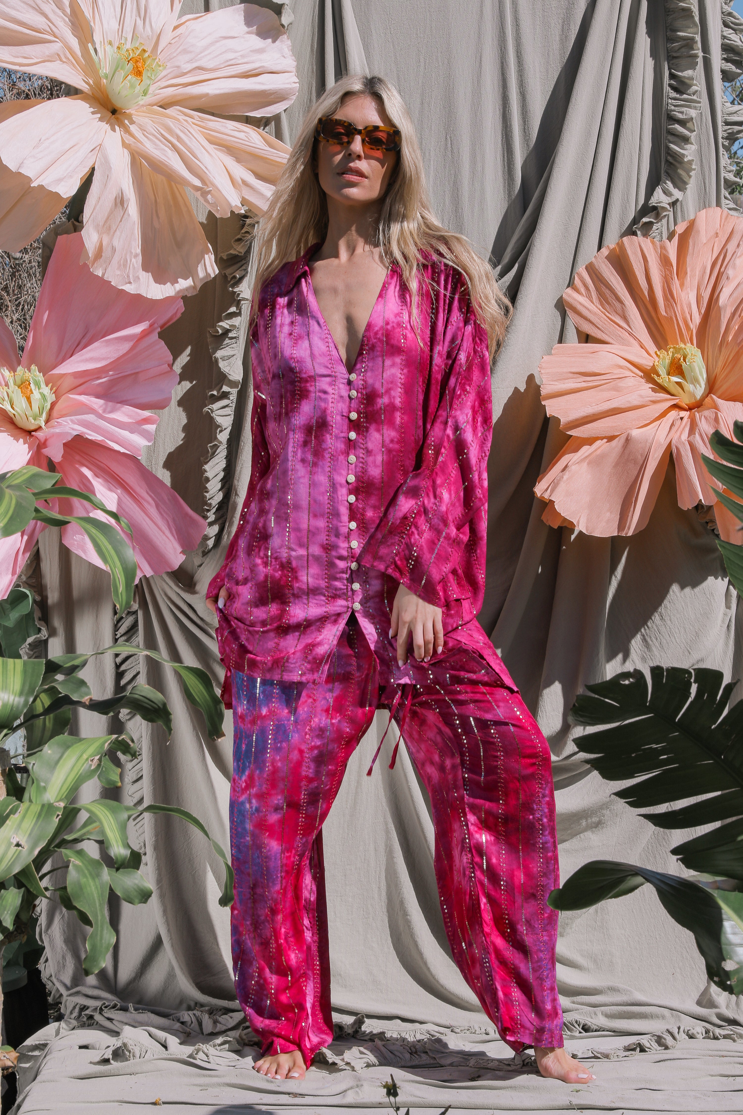 'Las Dalias' Lounge Set Trousers - Hot Pink