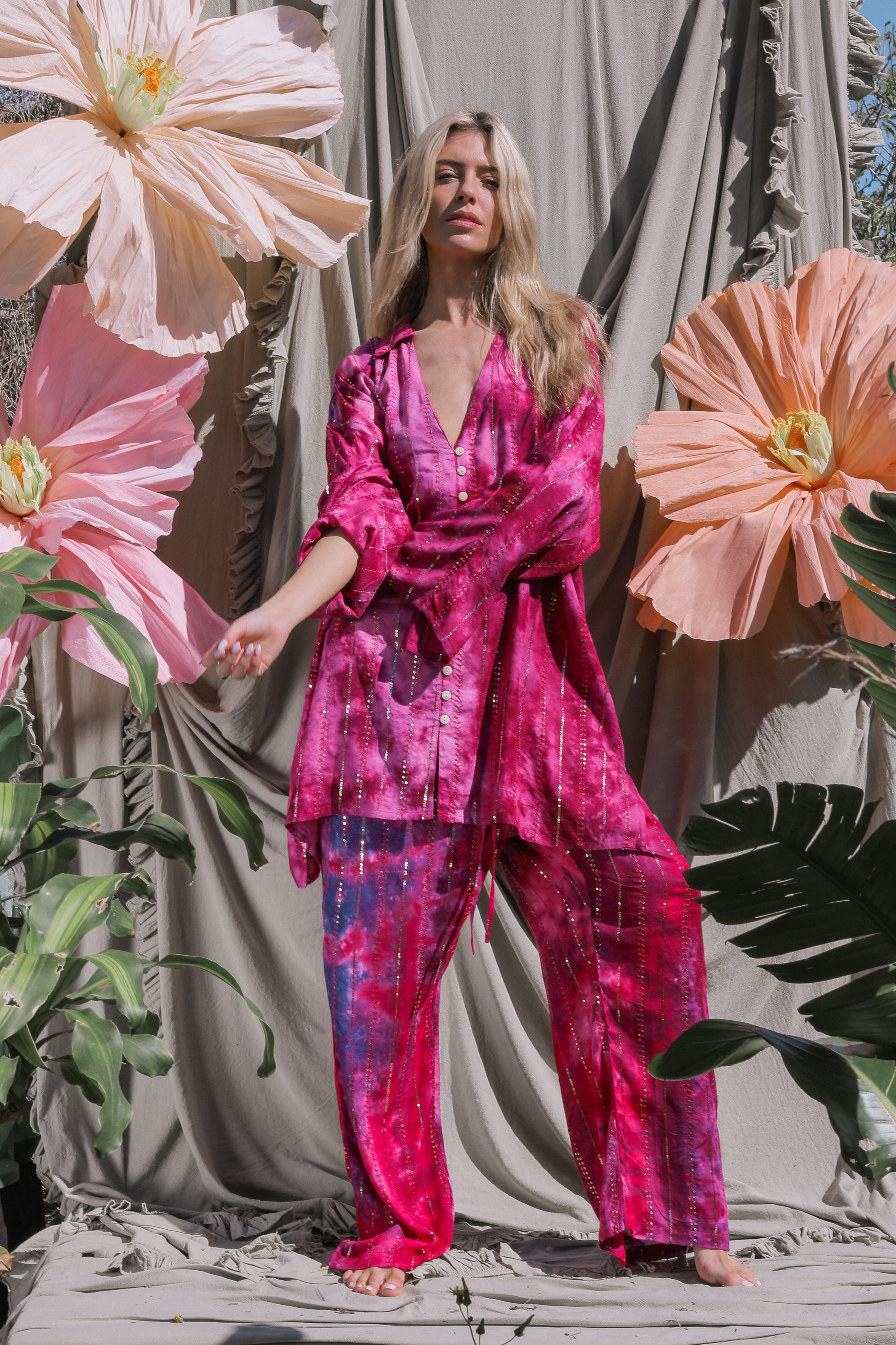 'Las Dalias' LOUNGE SET Shirt - Hot Pink