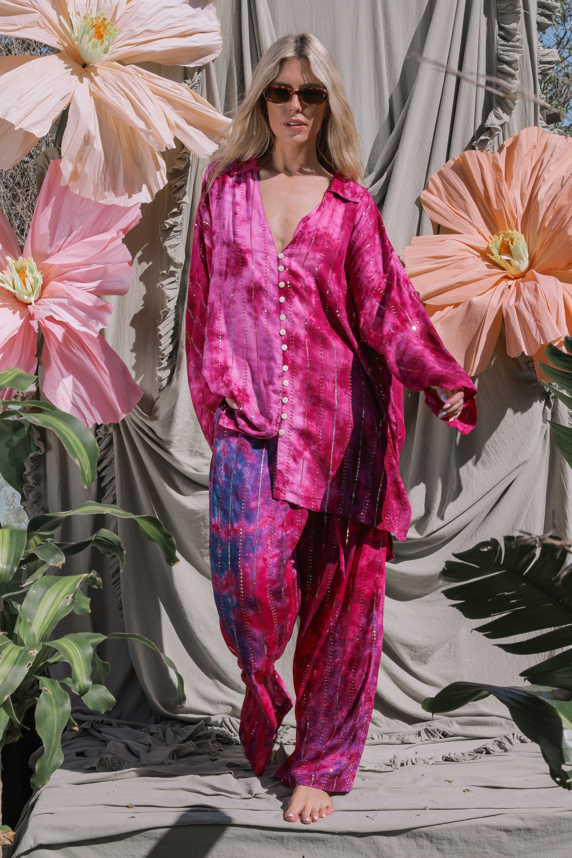 'Las Dalias' LOUNGE SET Shirt - Hot Pink
