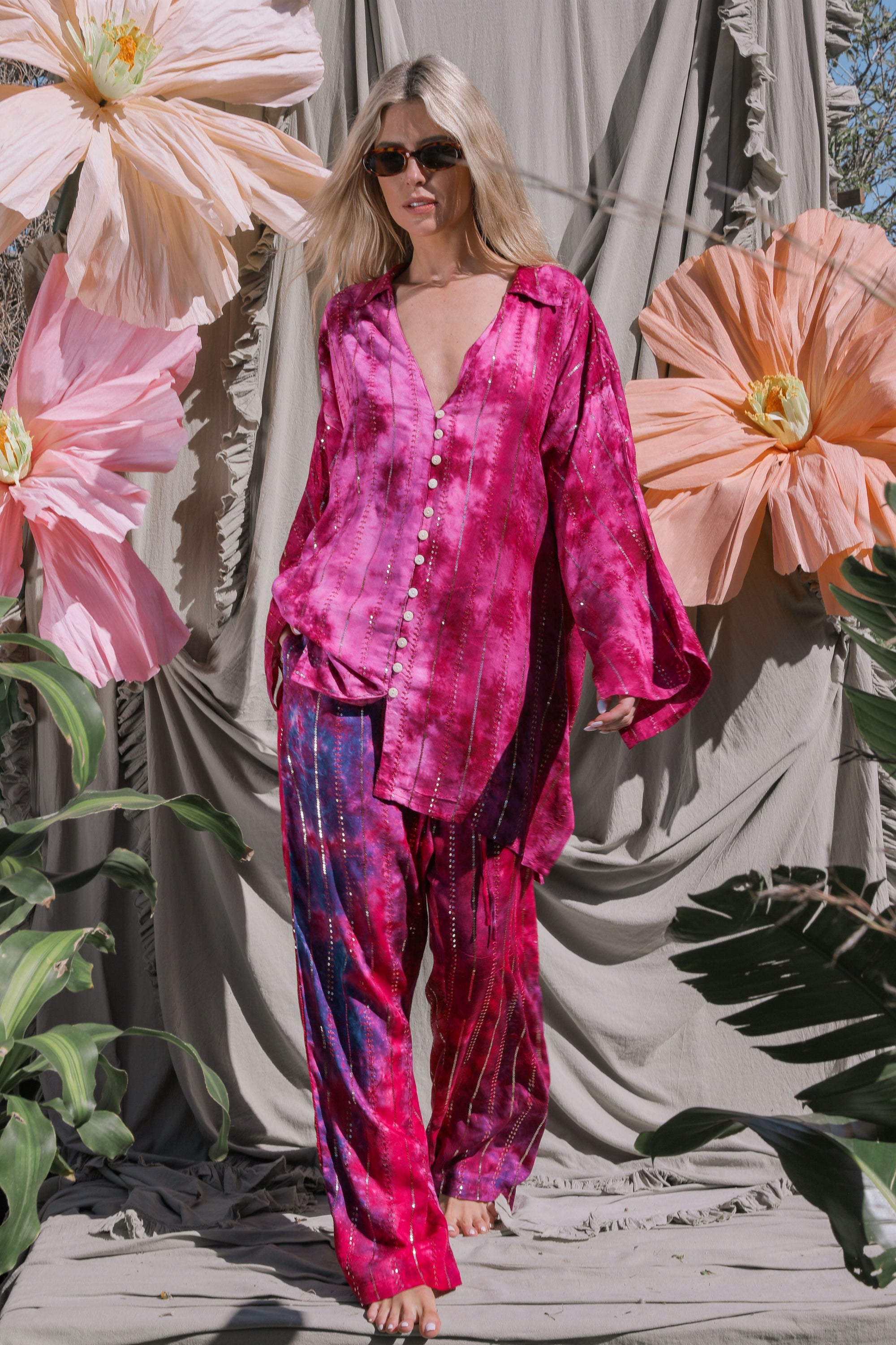 'Las Dalias' LOUNGE SET Shirt - Hot Pink