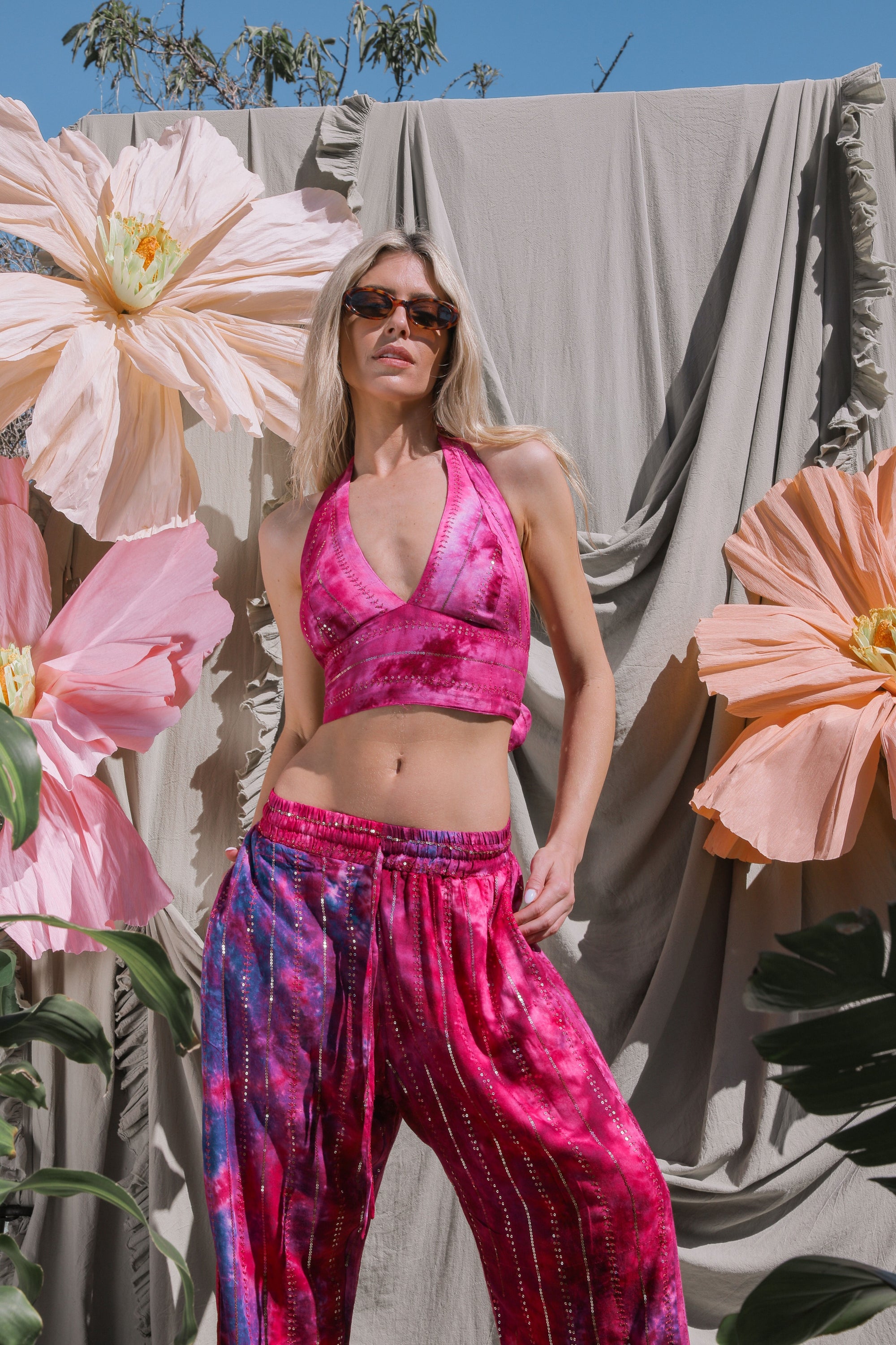 'Las Dalias' LOUNGE SET Crop Top - Hot Pink