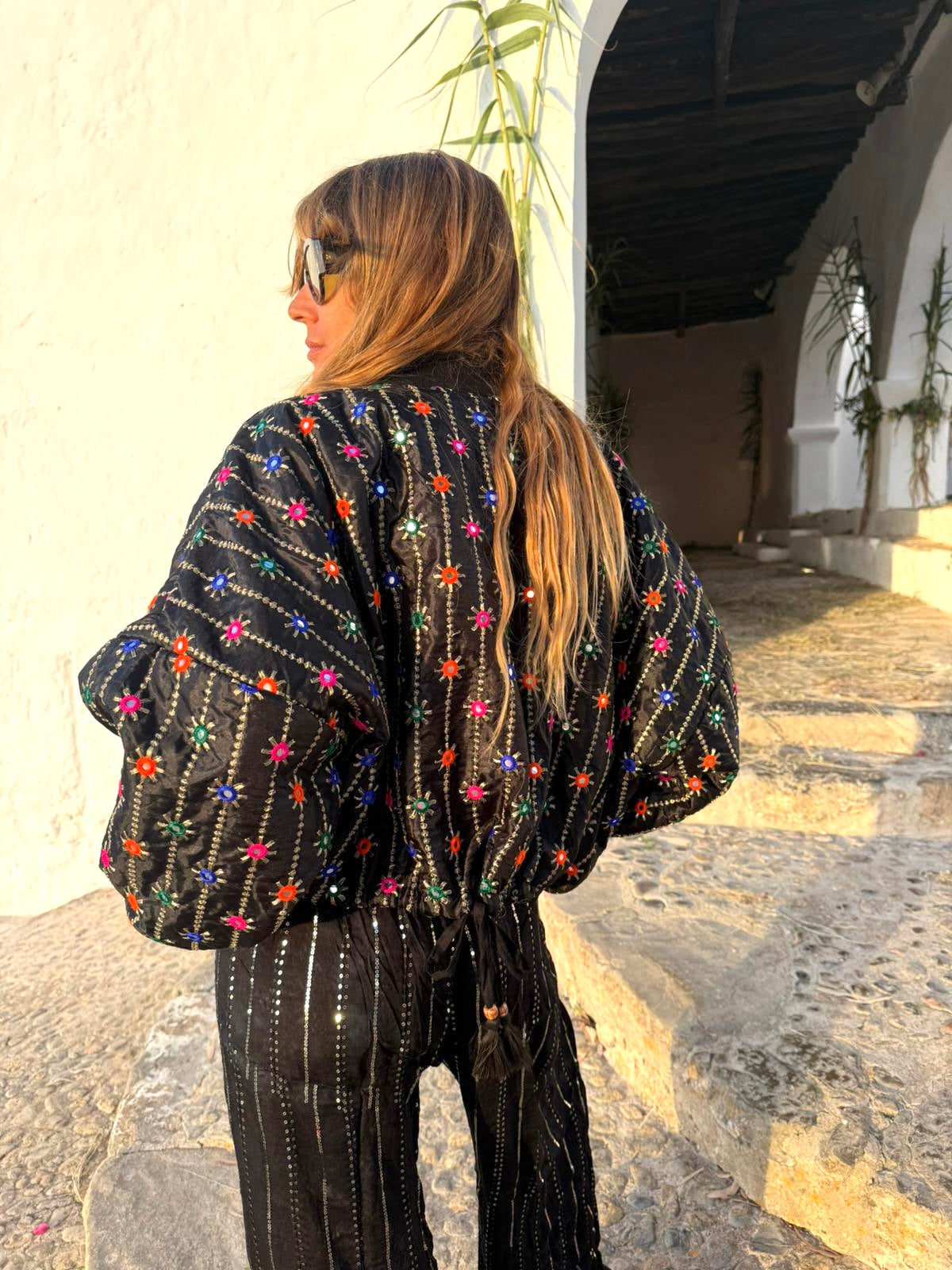 DION Embroidered Cropped Bomber Jacket – Black Multi