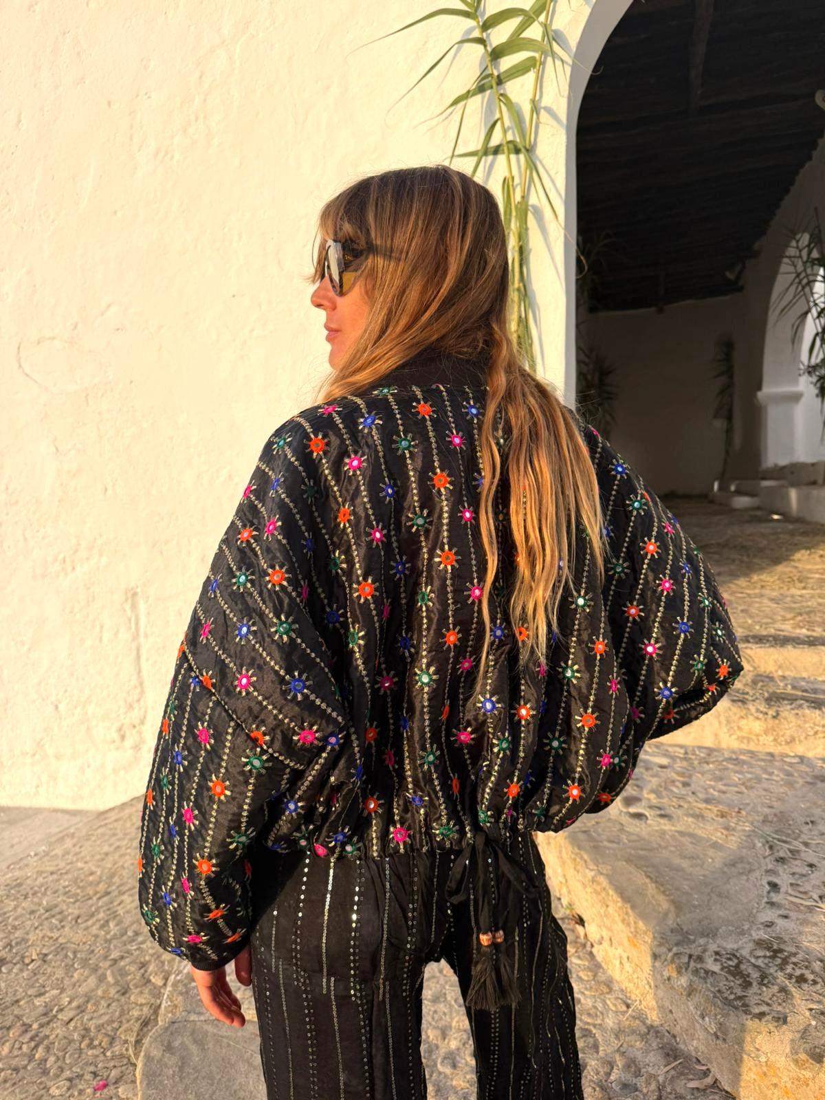DION Embroidered Cropped Bomber Jacket – Black Multi