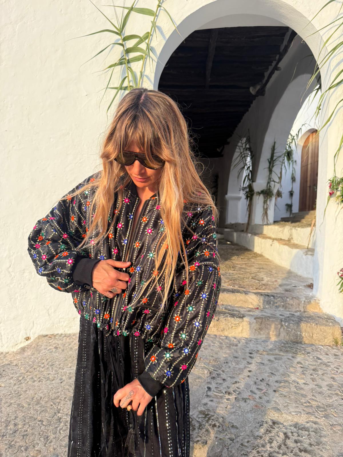 DION Embroidered Cropped Bomber Jacket – Black Multi
