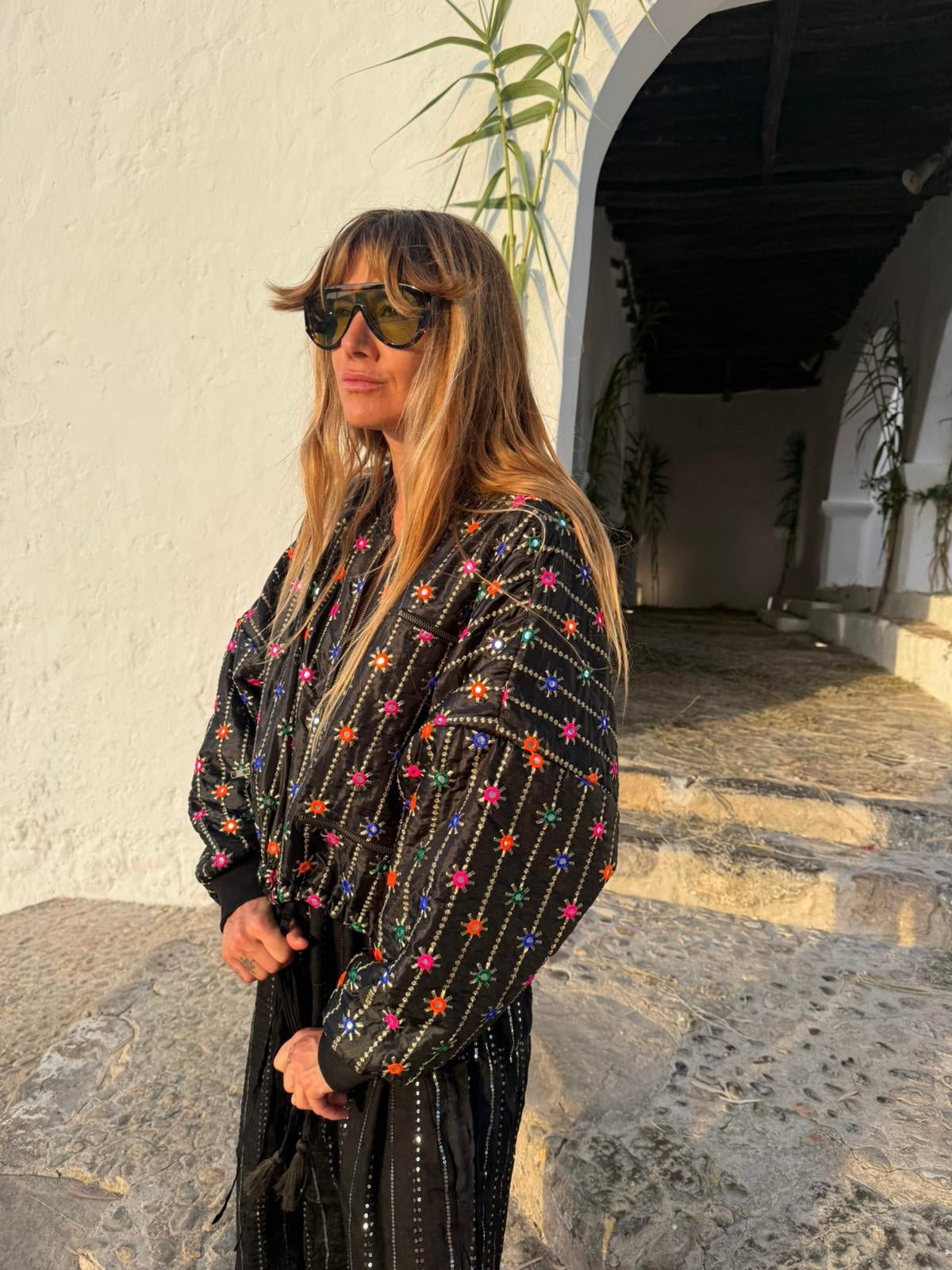 DION Embroidered Cropped Bomber Jacket – Black Multi