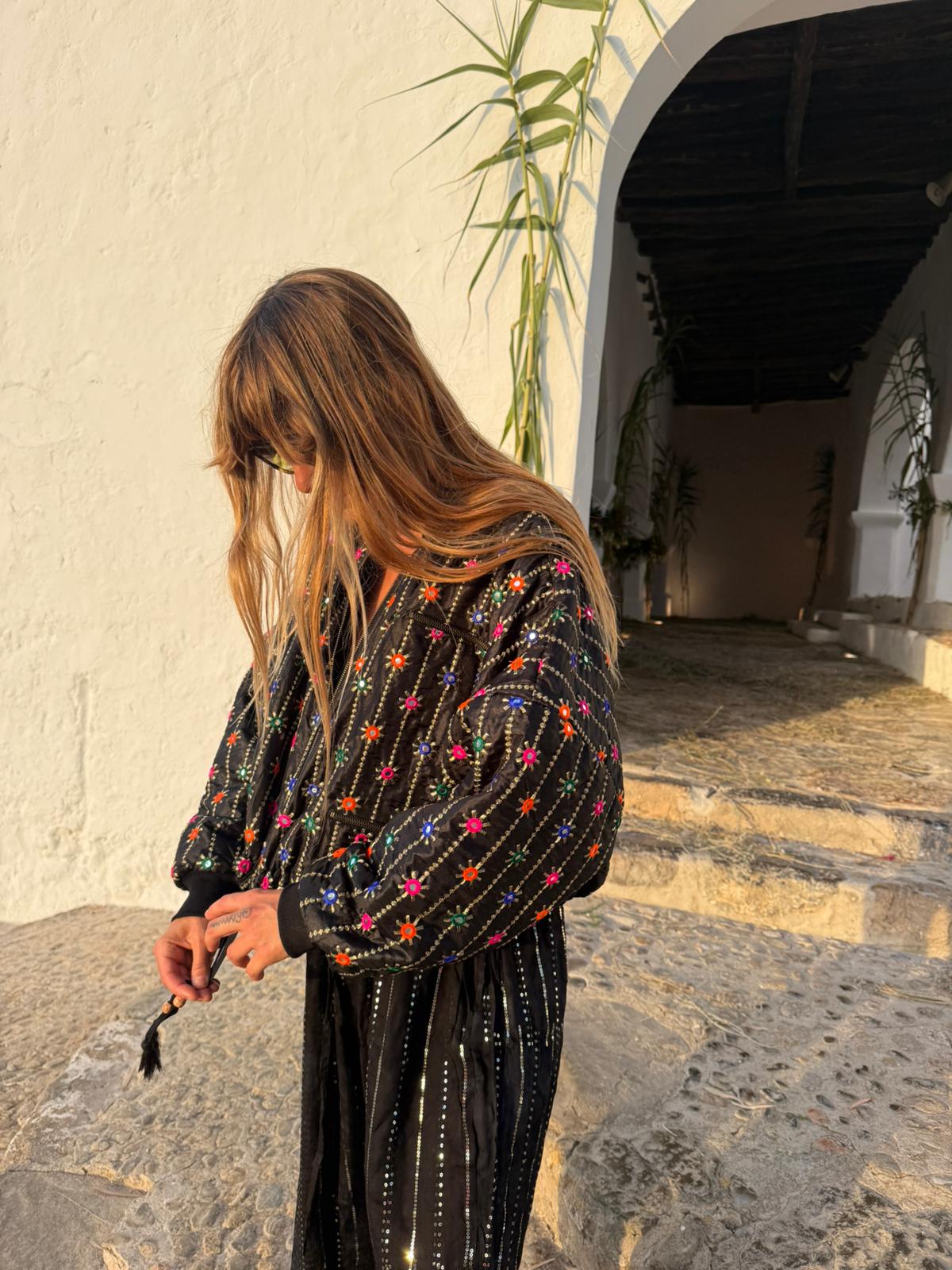 DION Embroidered Cropped Bomber Jacket – Black Multi