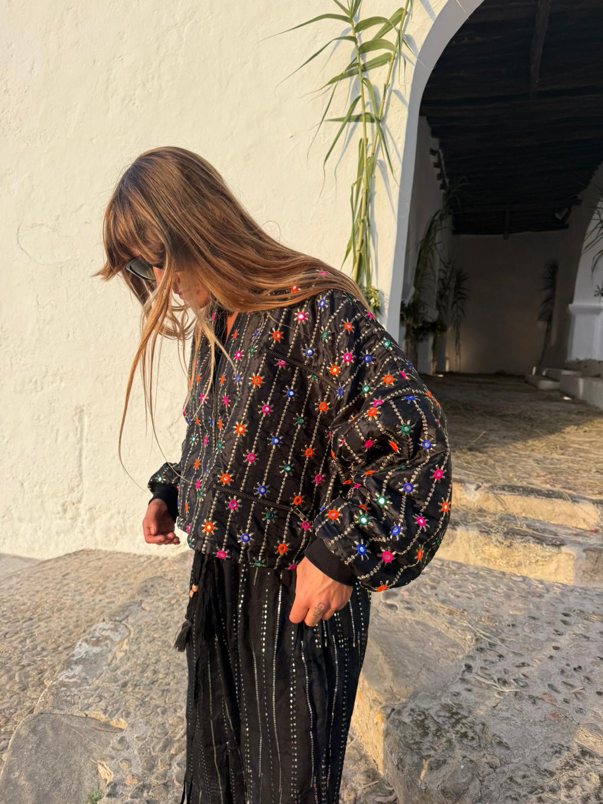 DION Embroidered Cropped Bomber Jacket – Black Multi