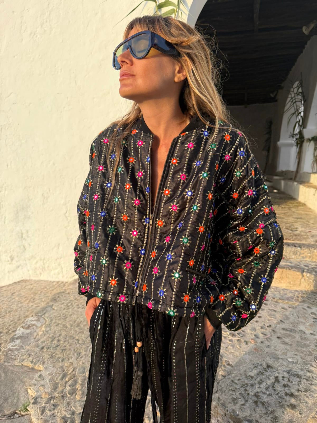 DION Embroidered Cropped Bomber Jacket – Black Multi
