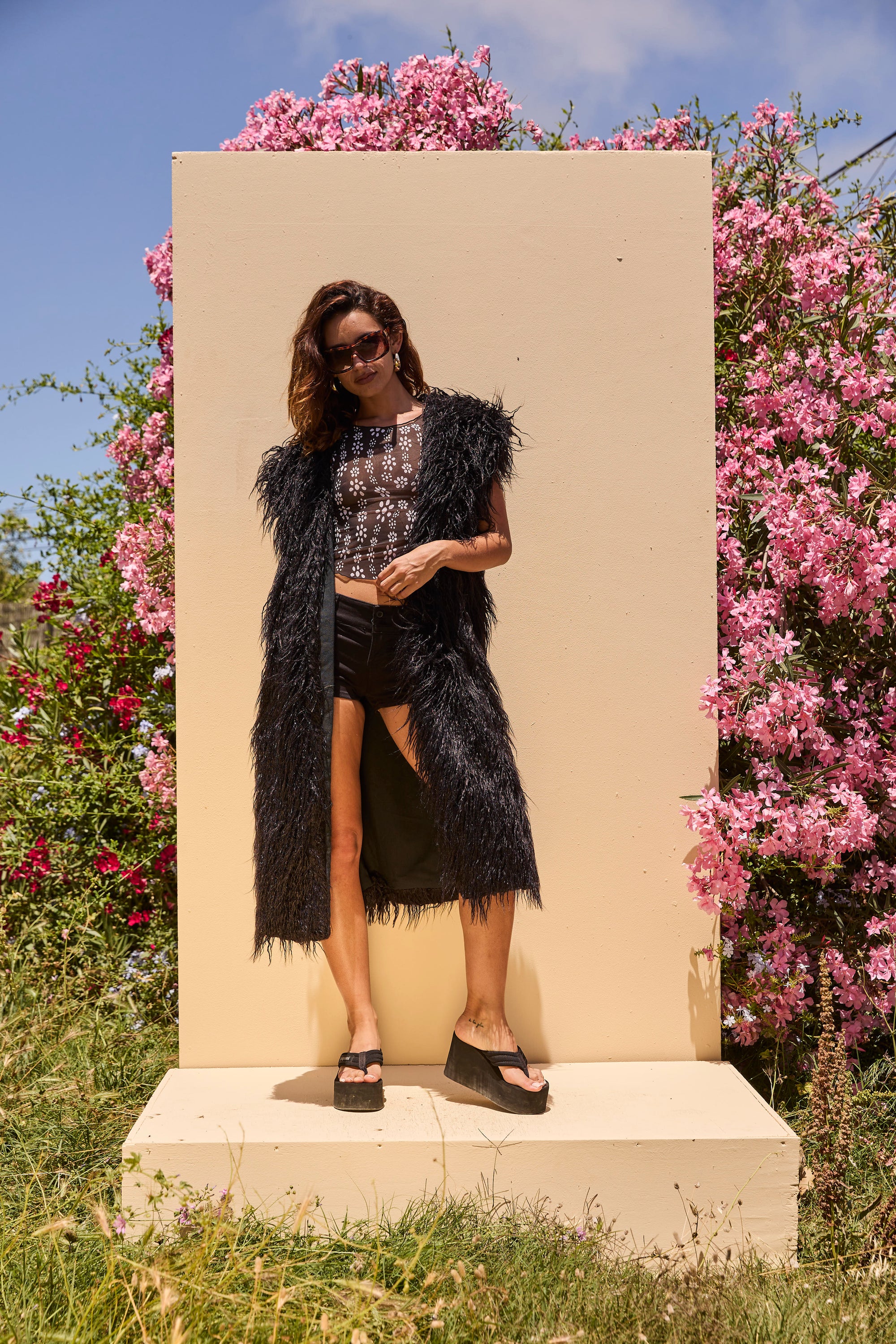 Mongolian long fur Gilet- Black