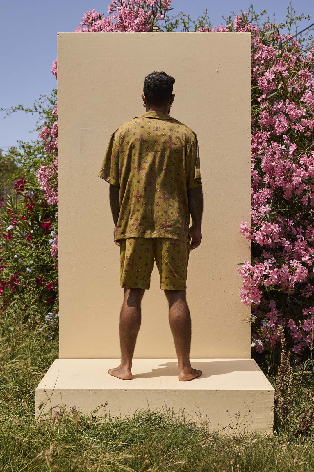 Mens Shorts Green with gold Batik block print