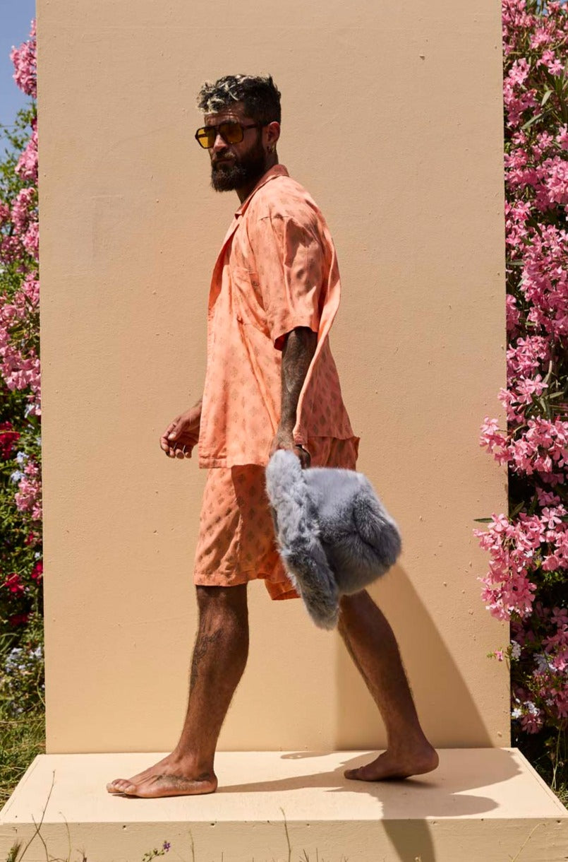 Mens Shorts Peach with gold Batik block print