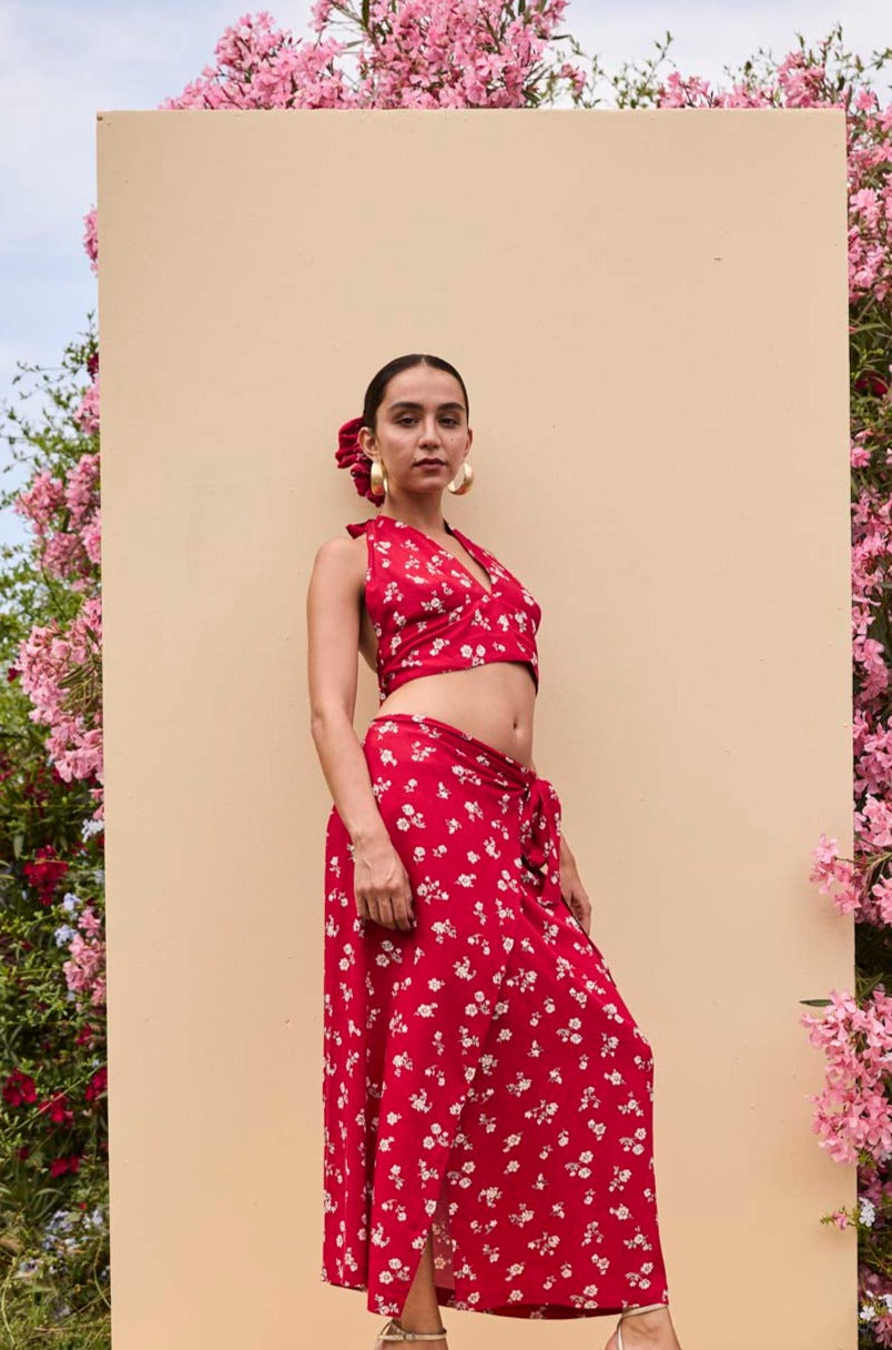 Henni Halter Crop Top in Red Floral