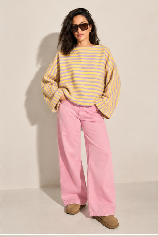 DANDELION Yellow & Lilac Striped Woven Cotton Jumper