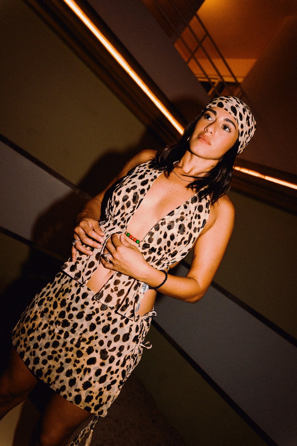CHICHI cheetah print beaded chiffon halter top with matching mini skirt, editorial styling 00395
