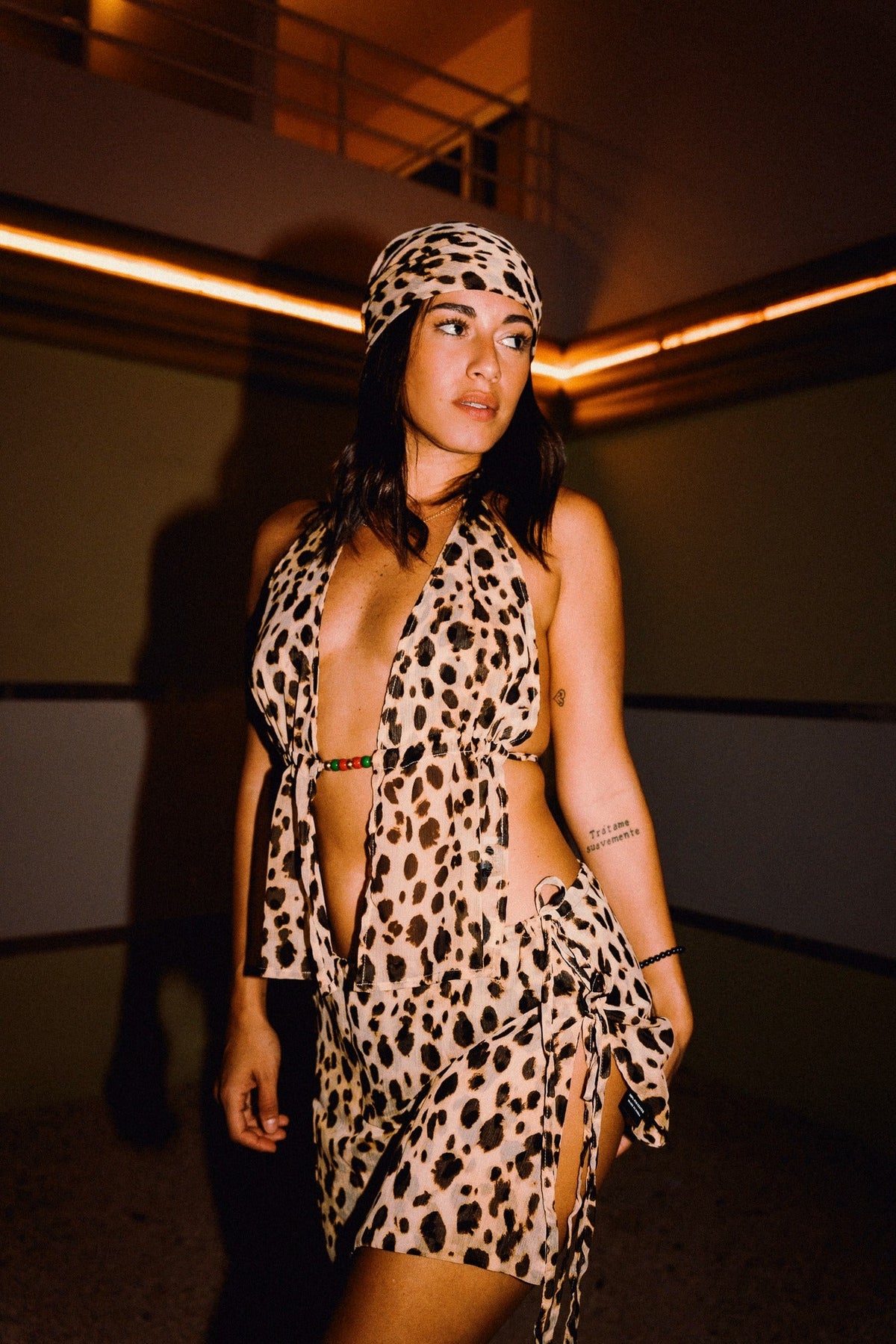 CHICHI cheetah print beaded chiffon halter top with matching mini skirt, editorial styling 00400