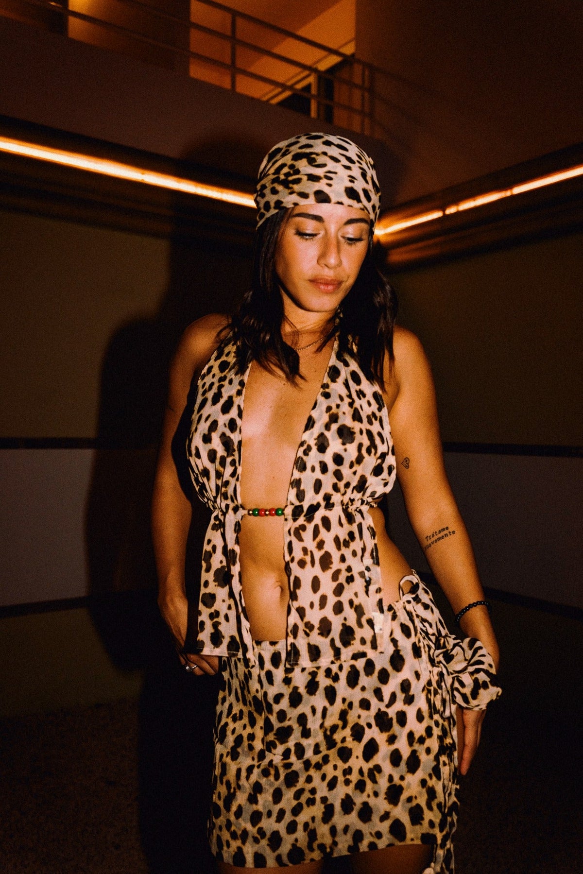 CHICHI cheetah print beaded chiffon halter top with matching mini skirt, editorial styling 00401