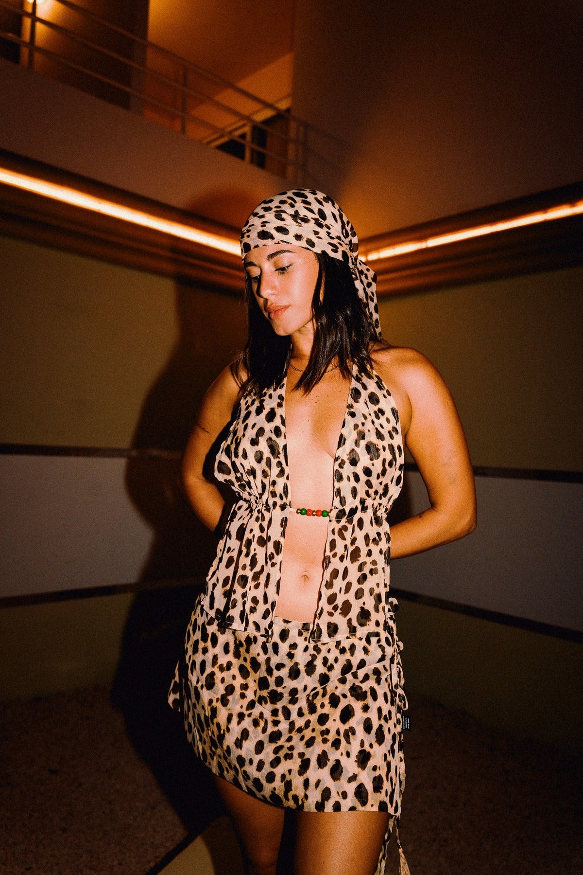 CHICHI cheetah print beaded chiffon halter top with matching mini skirt, editorial styling 00403