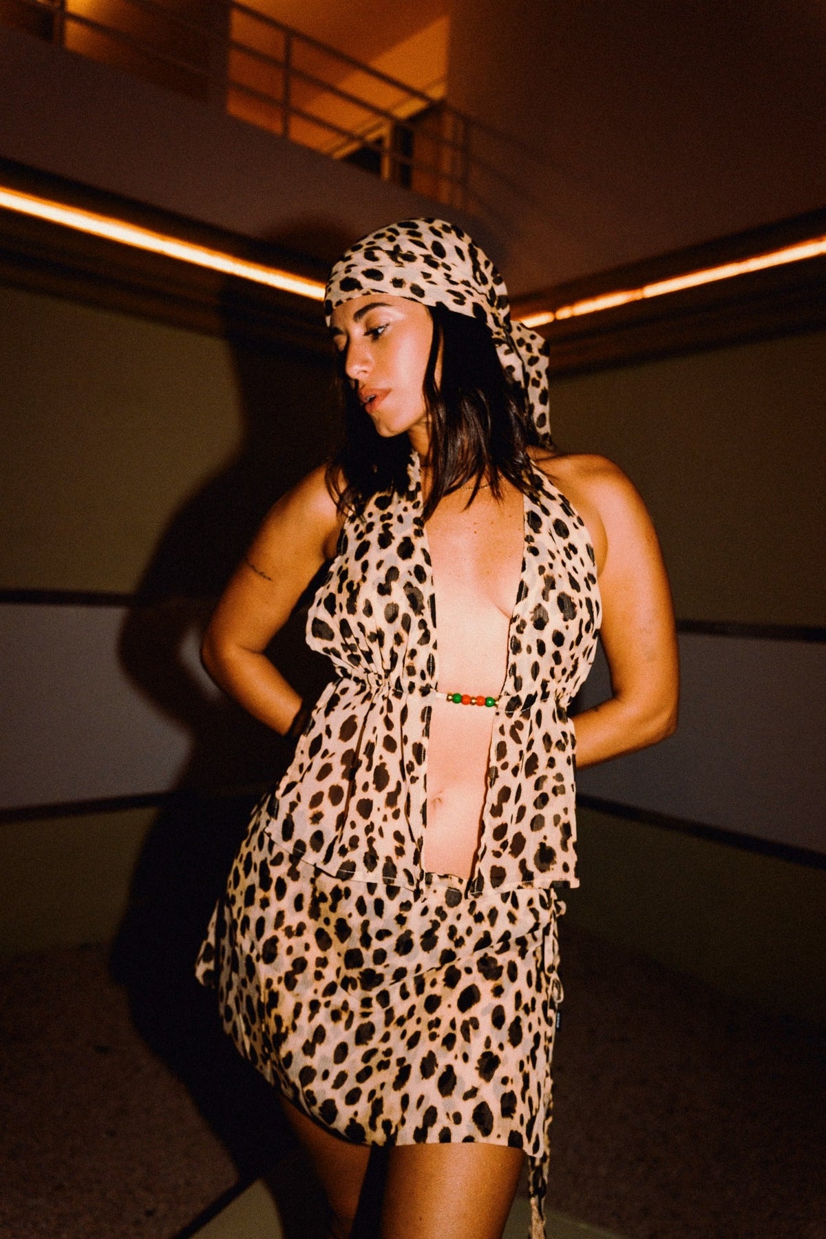 CHICHI cheetah print beaded chiffon halter top with matching mini skirt, editorial styling 00405