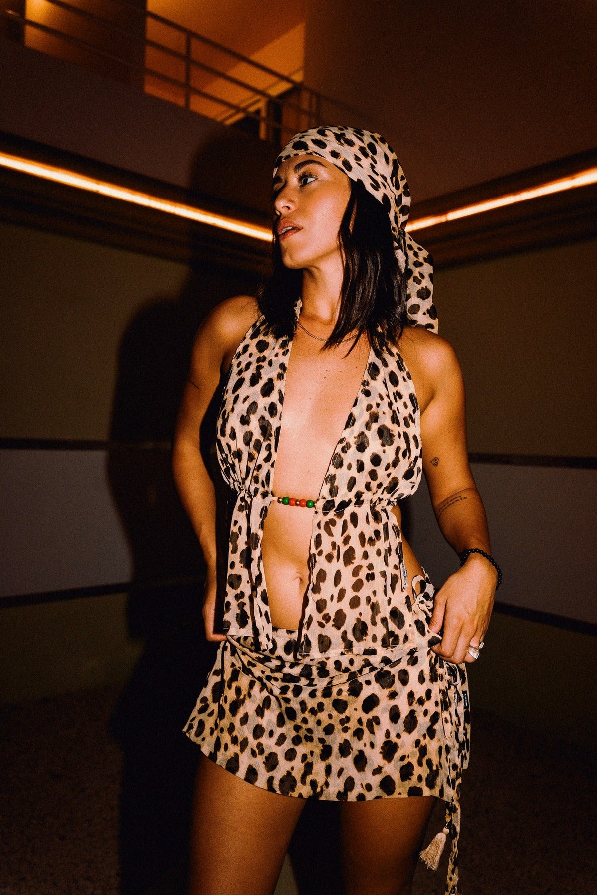 CHICHI cheetah print plunge halter top with colourful bead detail, front view