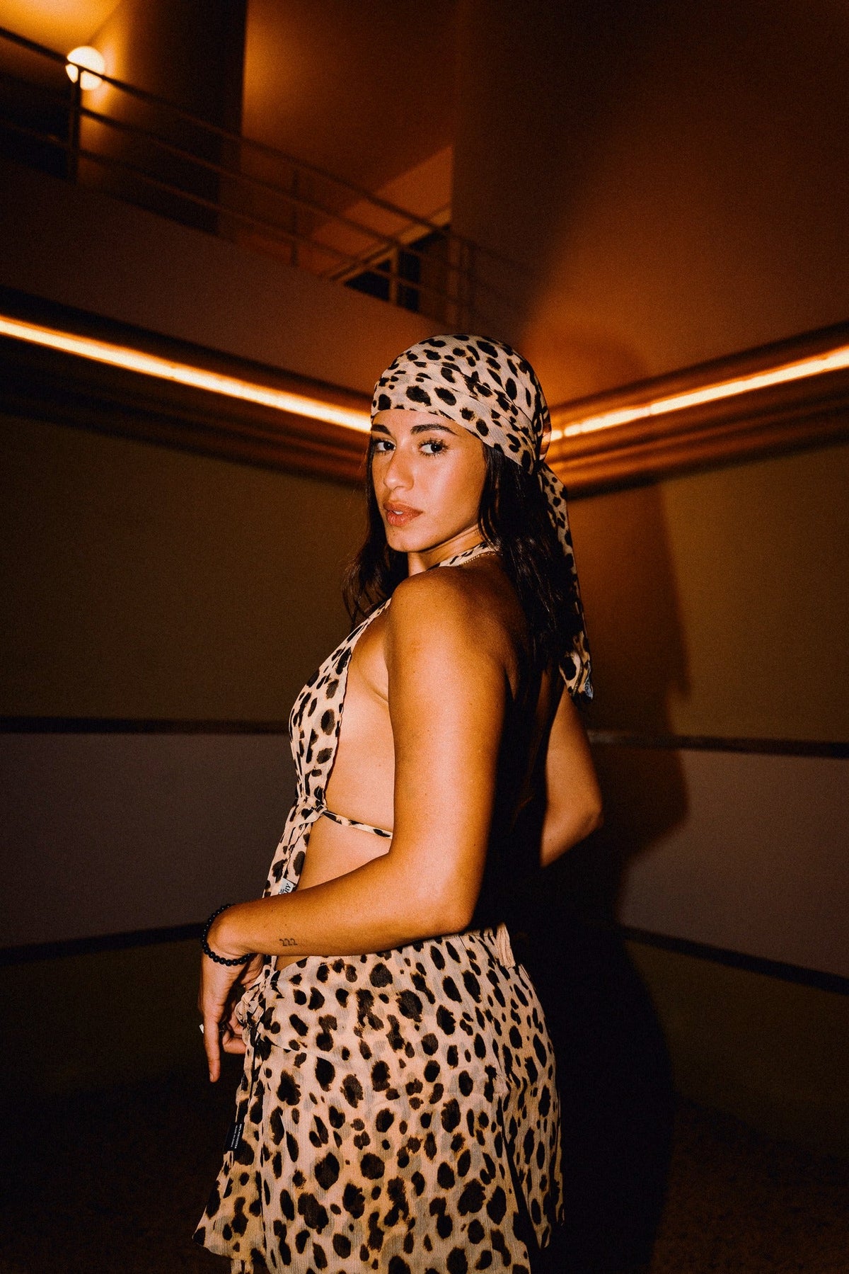 CHICHI cheetah print beaded chiffon halter top with matching mini skirt, editorial styling 00415