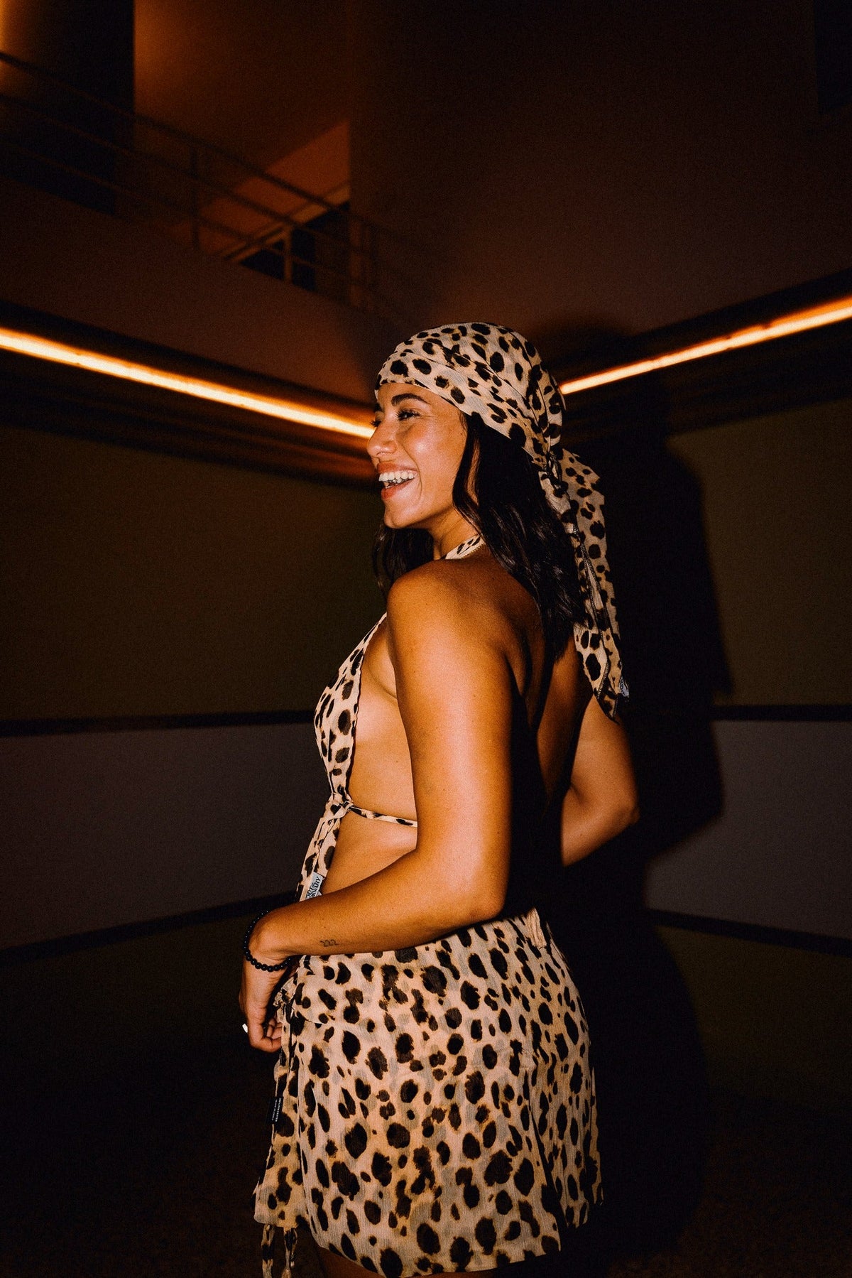 CHICHI cheetah print beaded chiffon halter top with matching mini skirt, editorial styling 00416