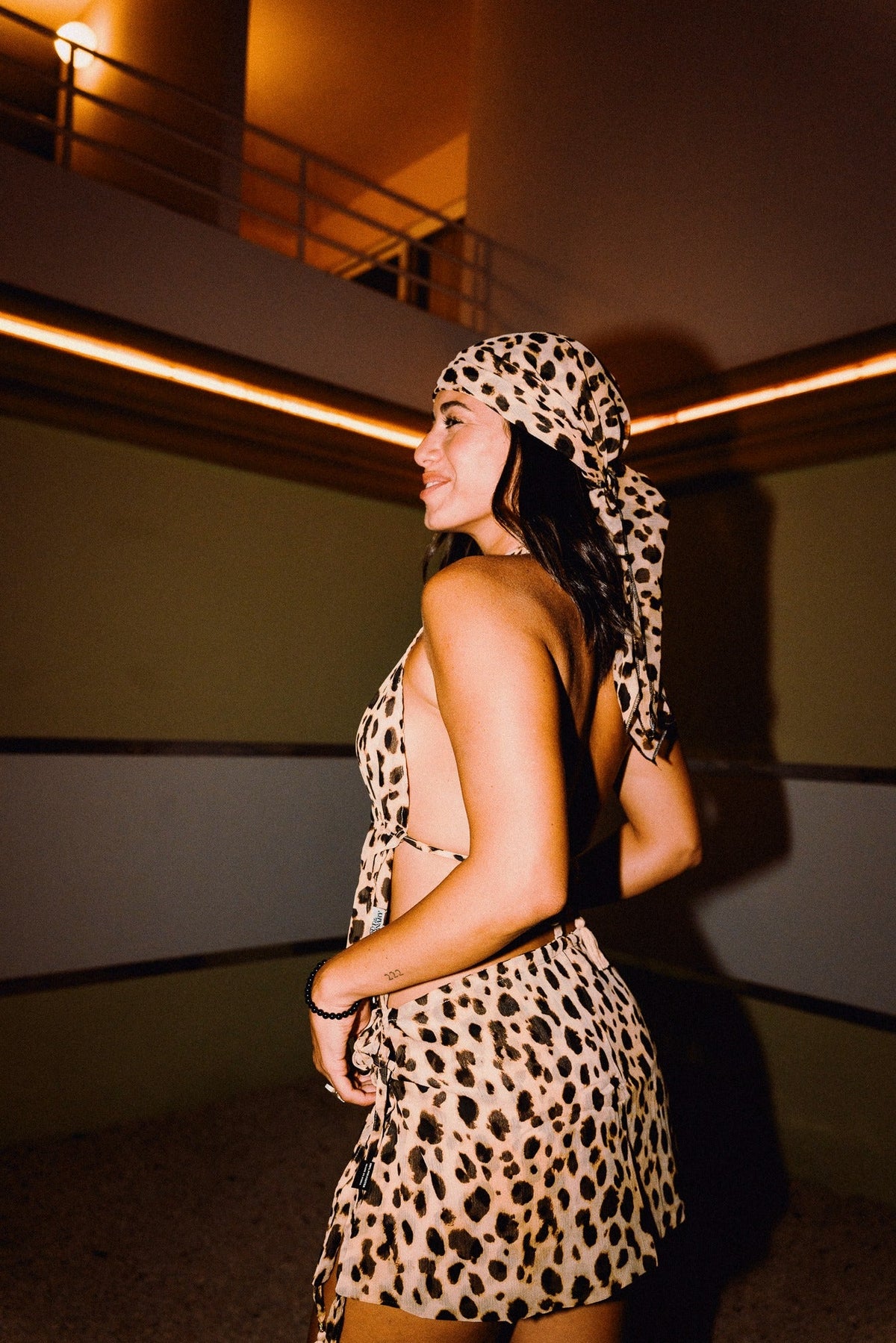 CHICHI cheetah print beaded chiffon halter top with matching mini skirt, editorial styling 00418