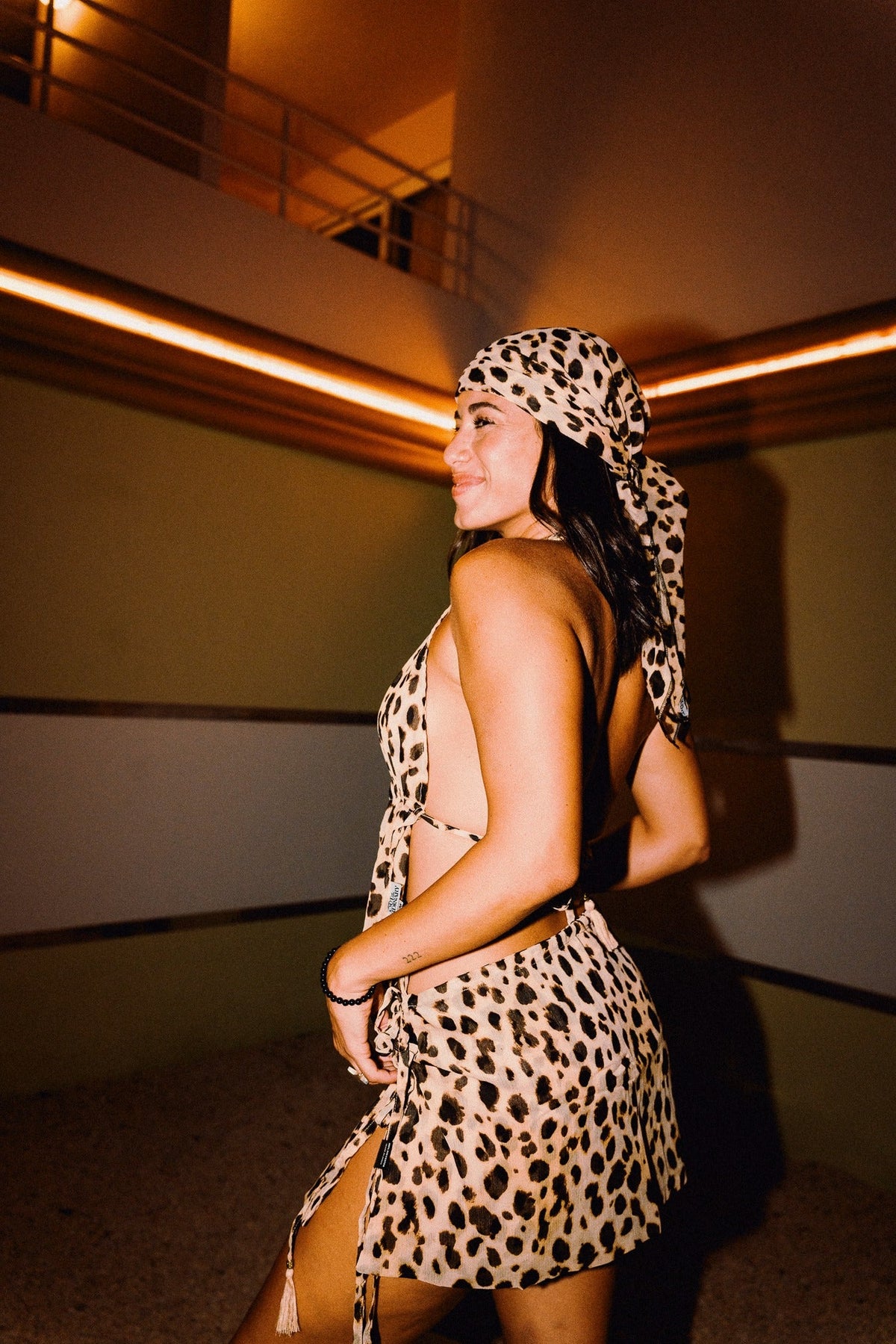 CHICHI cheetah print beaded chiffon halter top with matching mini skirt, editorial styling 00419