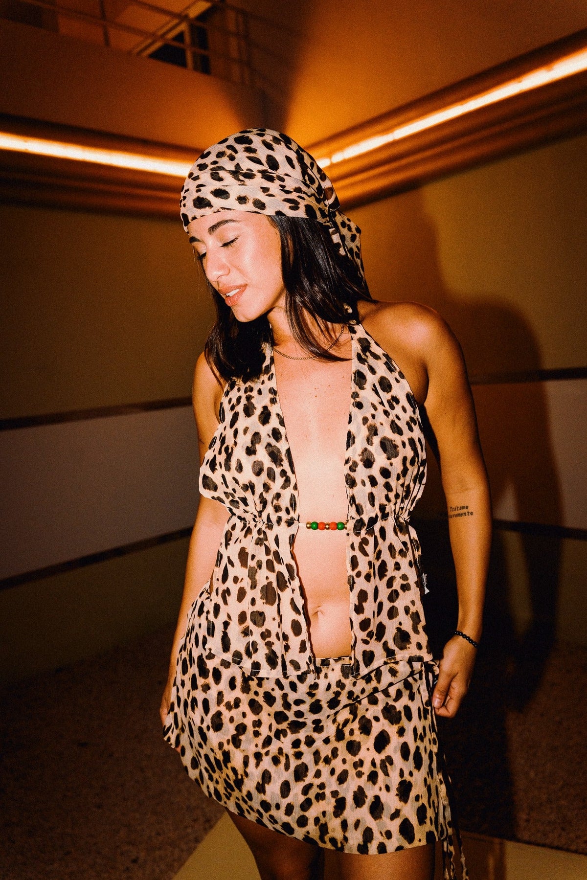 CHICHI cheetah print beaded chiffon halter top with matching mini skirt, editorial styling 00445