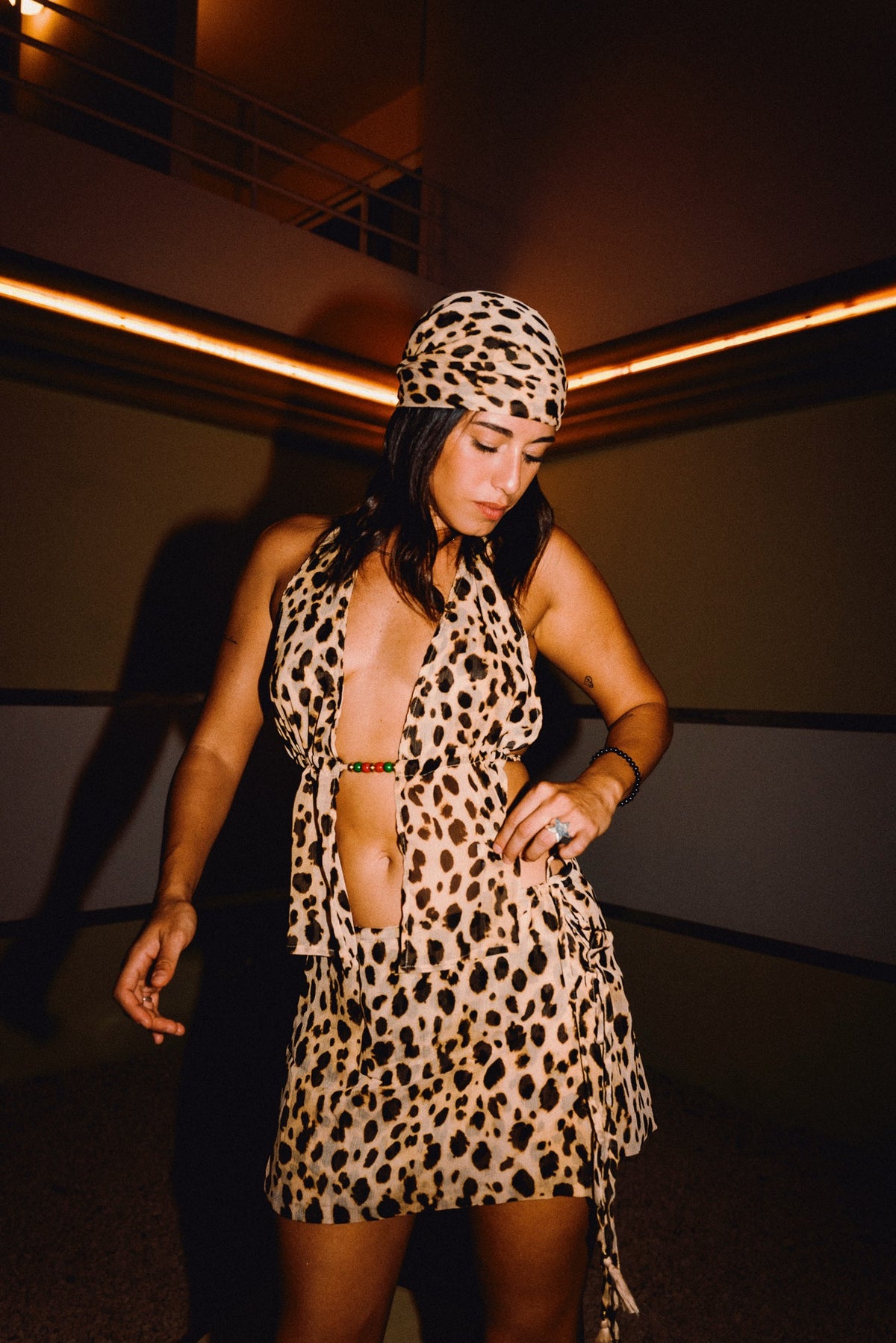 CHICHI cheetah mini skirt with matching beaded plunge halter top and head scarf