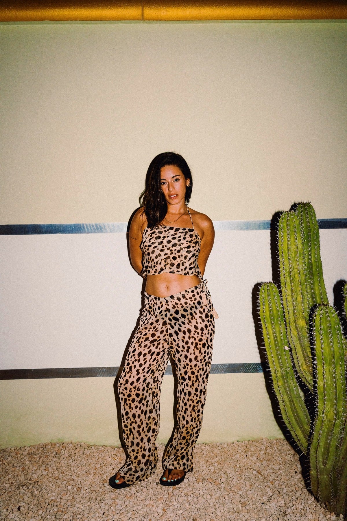 CHICHI cheetah print halter top with coordinating trousers, editorial side view