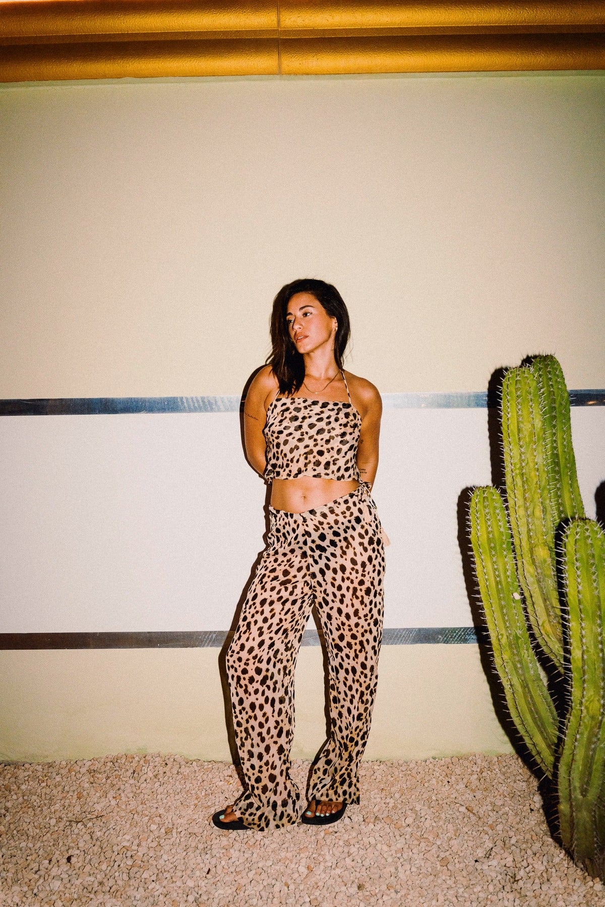 CHICHI cream brown and black cheetah print halter top and matching trousers, side detail