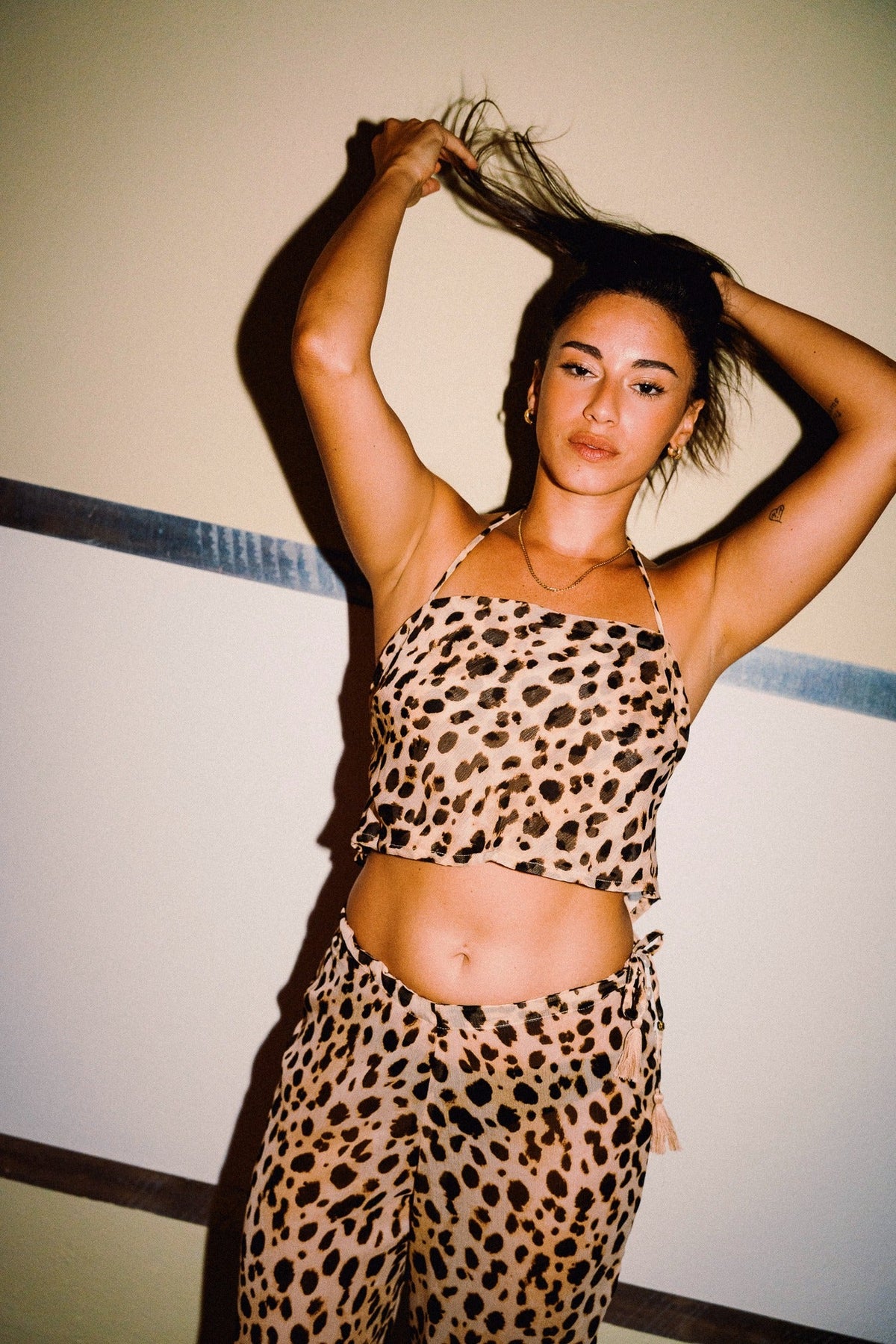 CHICHI cheetah print halter crop top and matching trousers, full-length outfit