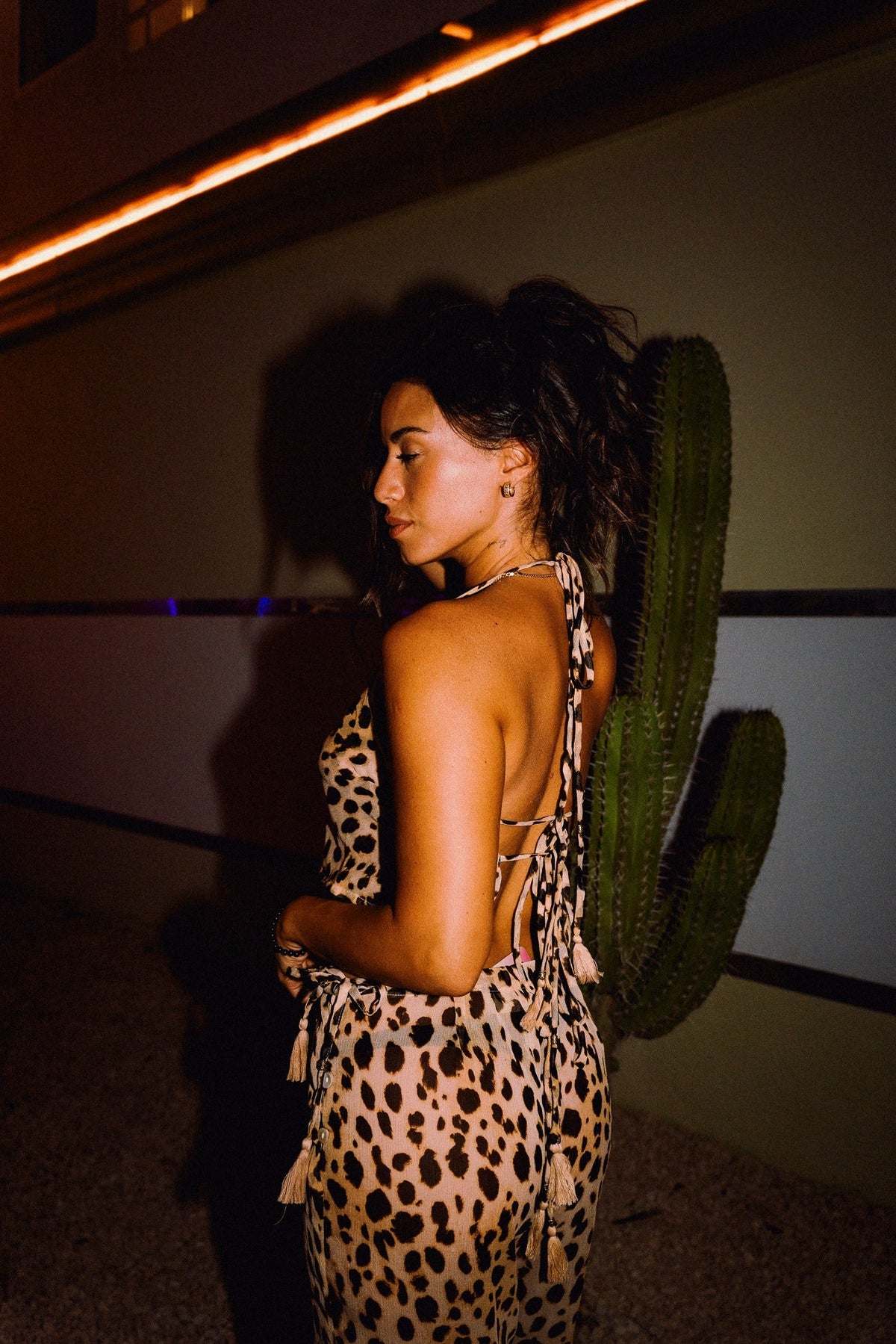 CHICHI animal print cropped halter top with matching trousers, front styling