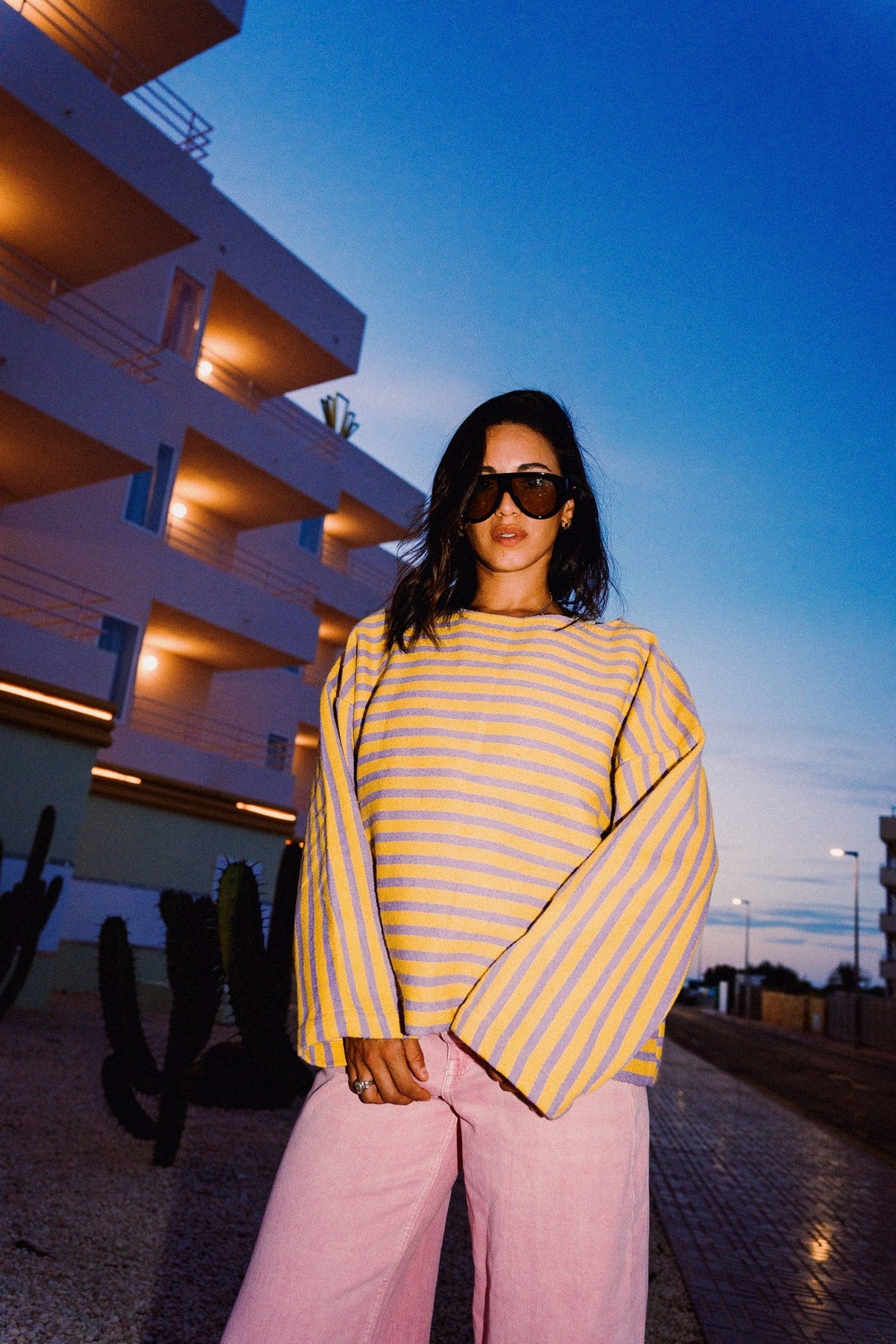 DANDELION oversized yellow and lilac stripe heavy woven jumper model editorial