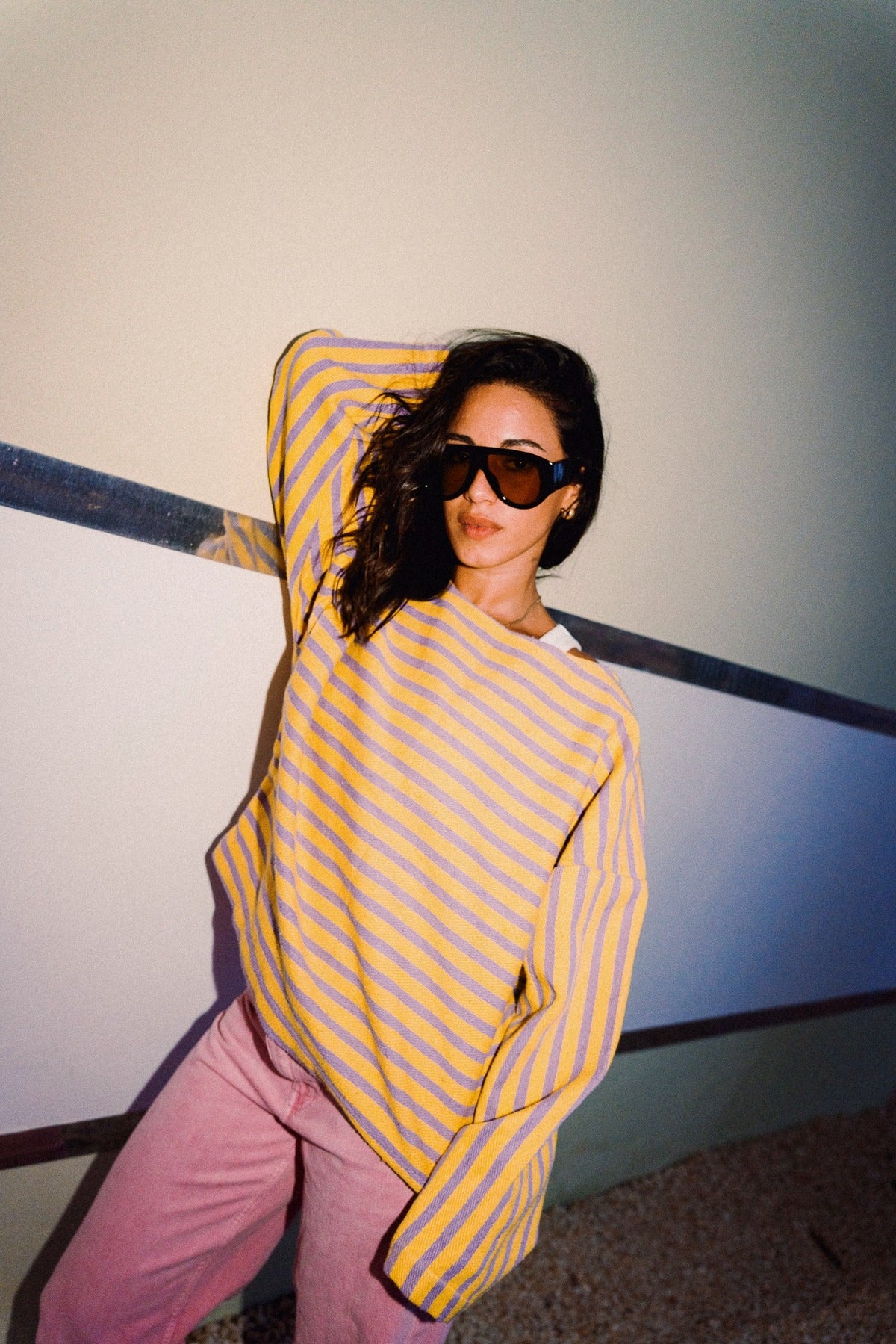 DANDELION yellow and lilac wide sleeve striped jumper full outfit