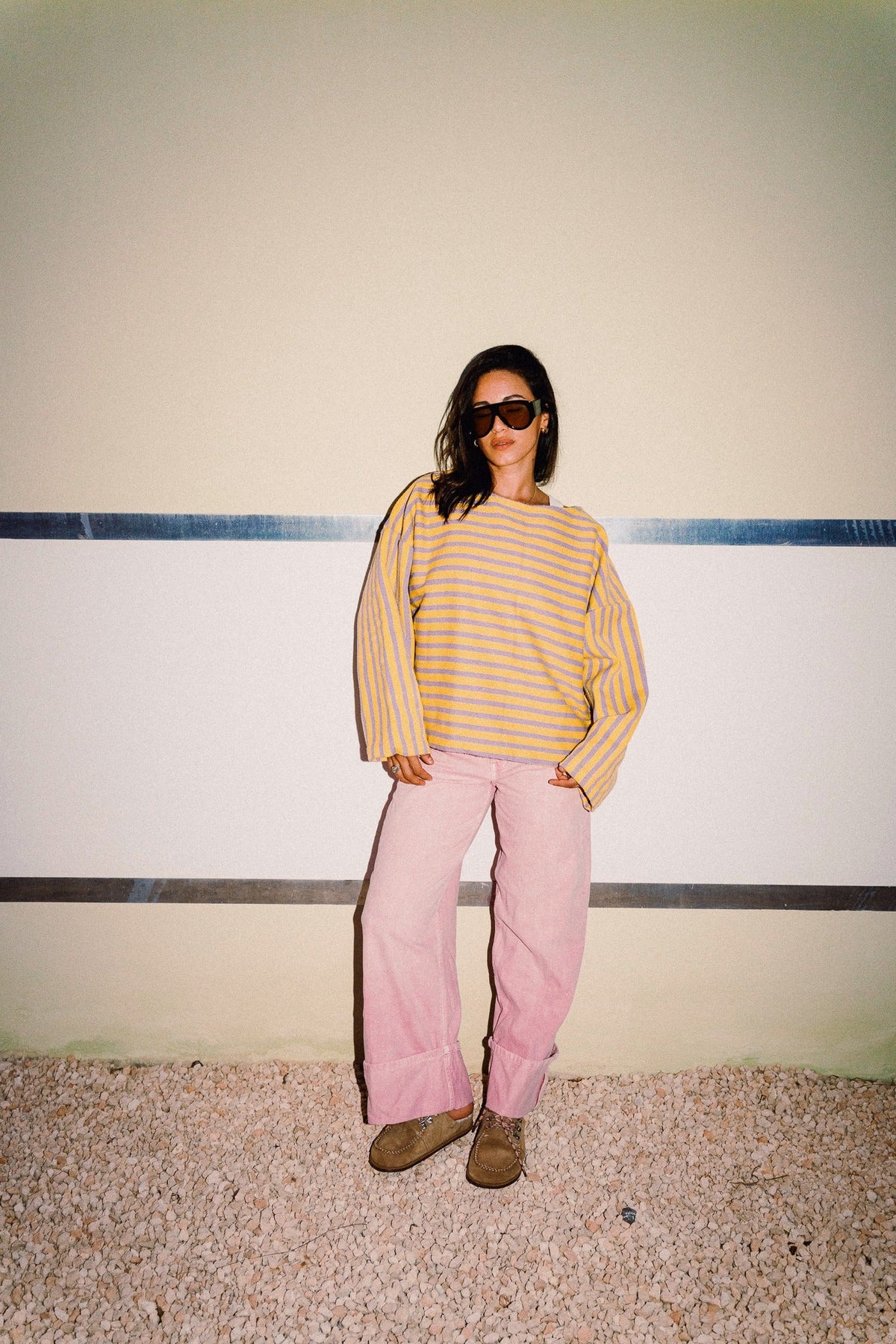 DANDELION woven cotton jumper showing relaxed fit and wide striped sleeves