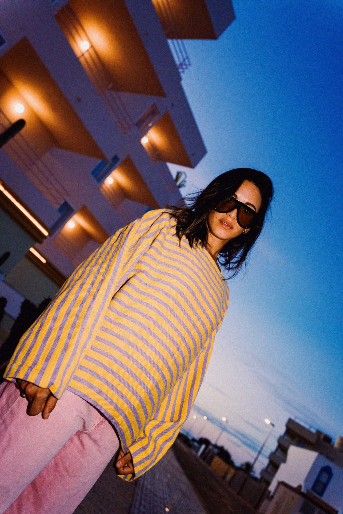 Close view of DANDELION yellow and lilac striped heavy cotton pullover