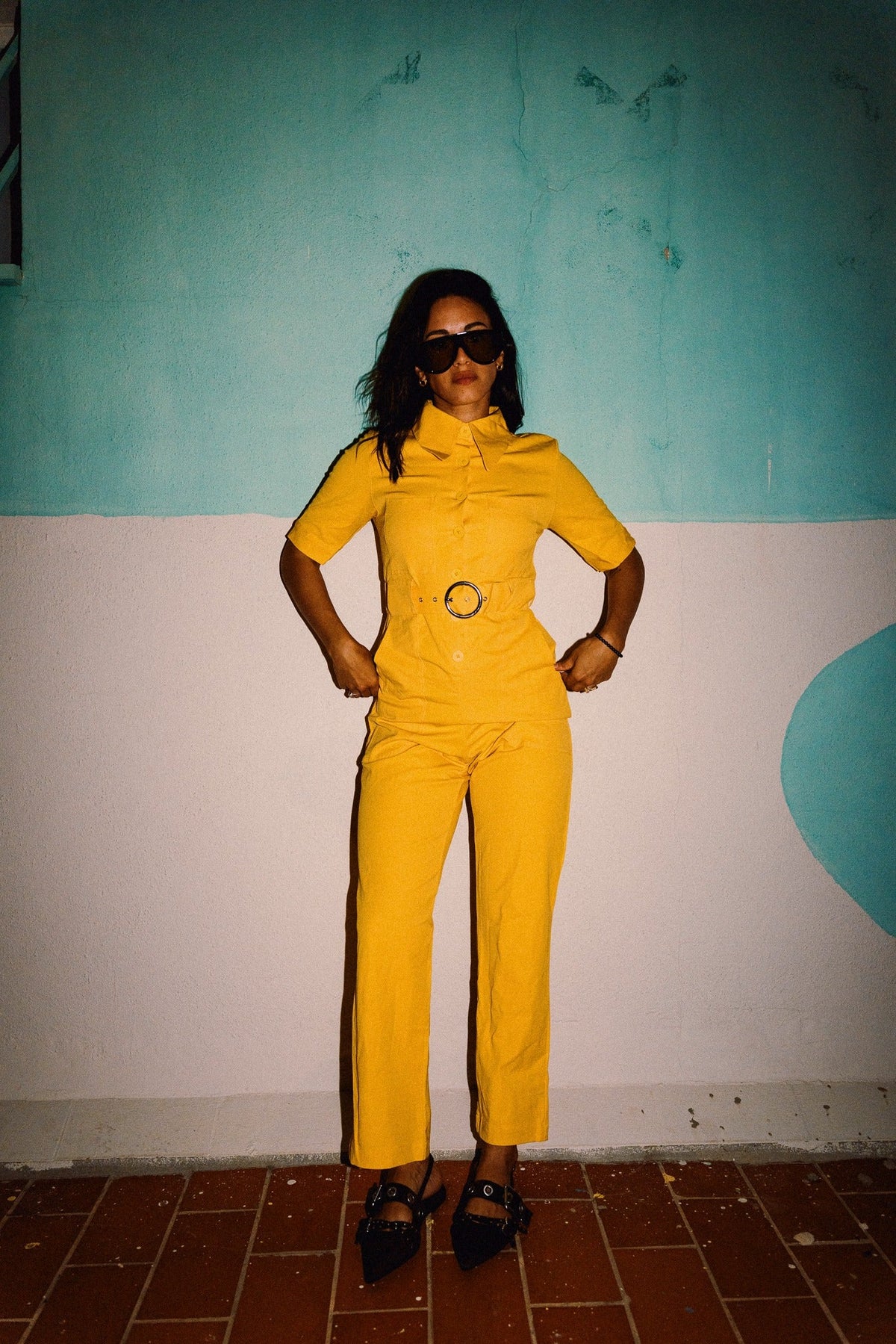 HEIDI Buttercup Yellow belted stretch cotton jumpsuit – OOTO Clothing editorial image 8