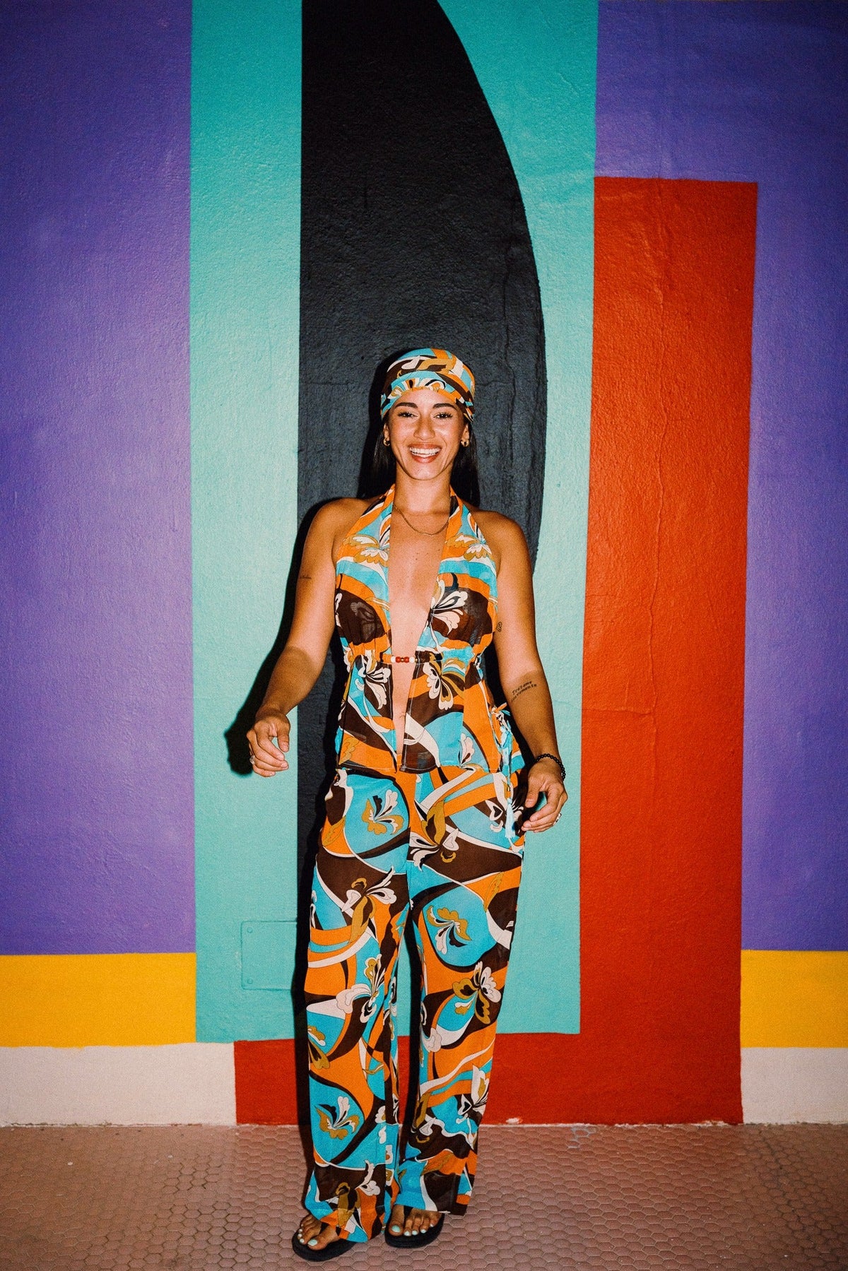 LUCHIA 70s retro floral print headscarf in turquoise, orange and brown, styled with matching collection - look 2