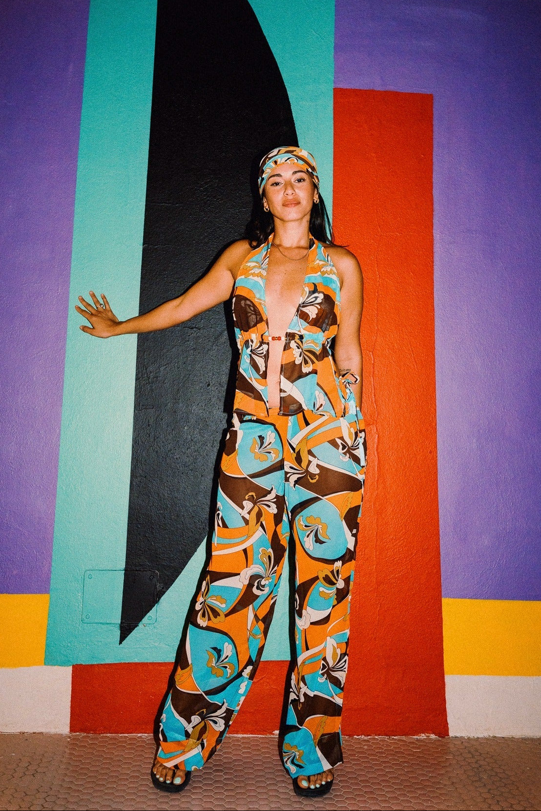 LUCHIA retro floral wide leg trousers with matching beaded halter styling, photo 7