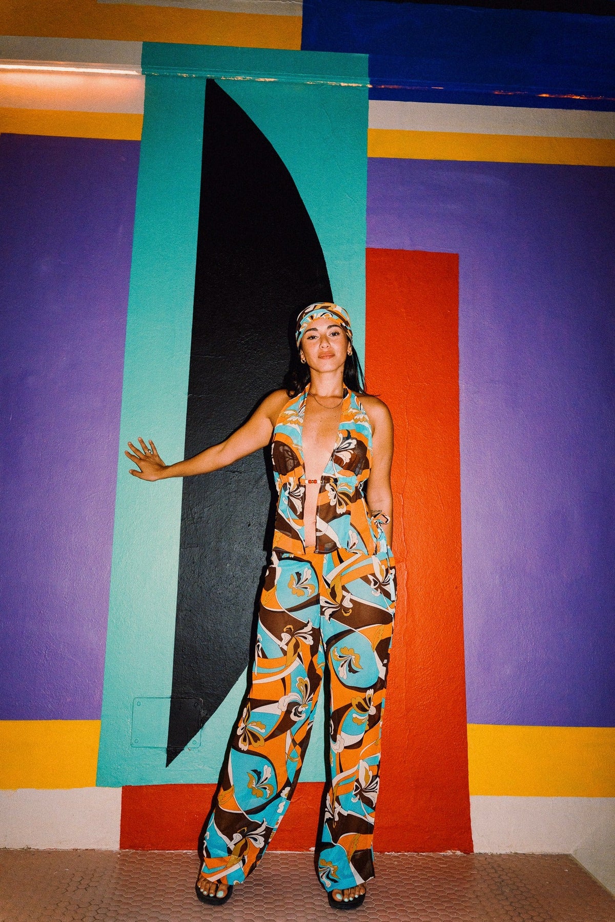 LUCHIA 70s retro floral print headscarf in turquoise, orange and brown, styled with matching collection - look 7