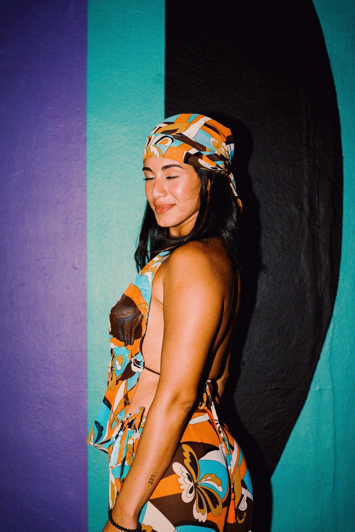 LUCHIA retro print beaded halter top styled with matching wide-leg trousers – image 14
