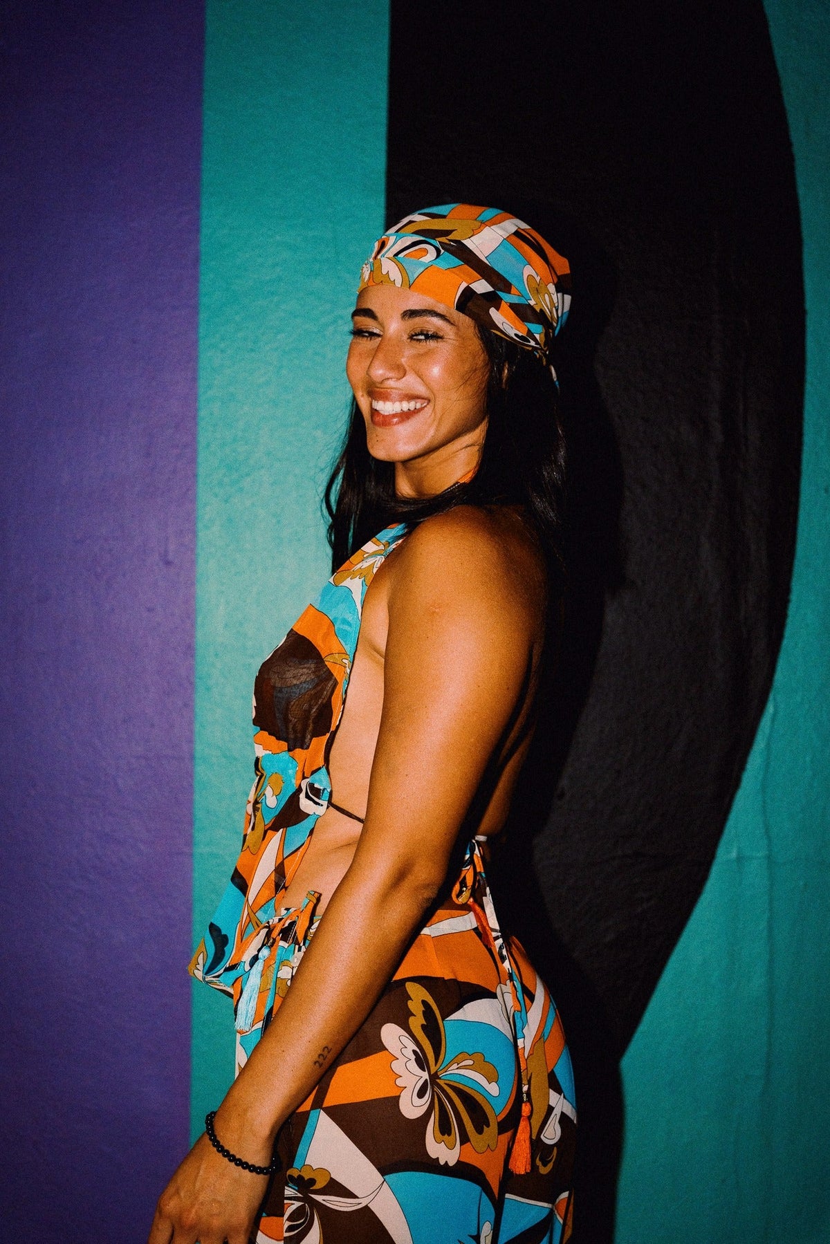 LUCHIA retro print beaded halter top styled with matching wide-leg trousers – image 15