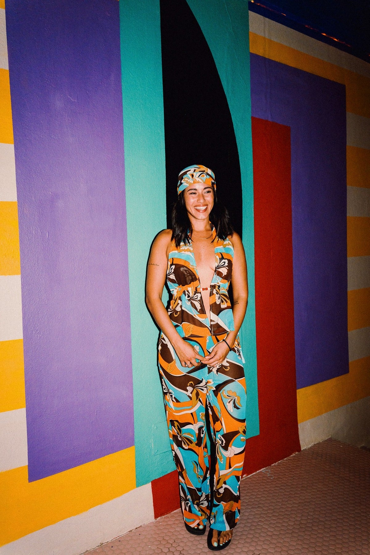 LUCHIA retro print beaded halter top styled with matching wide-leg trousers – image 19