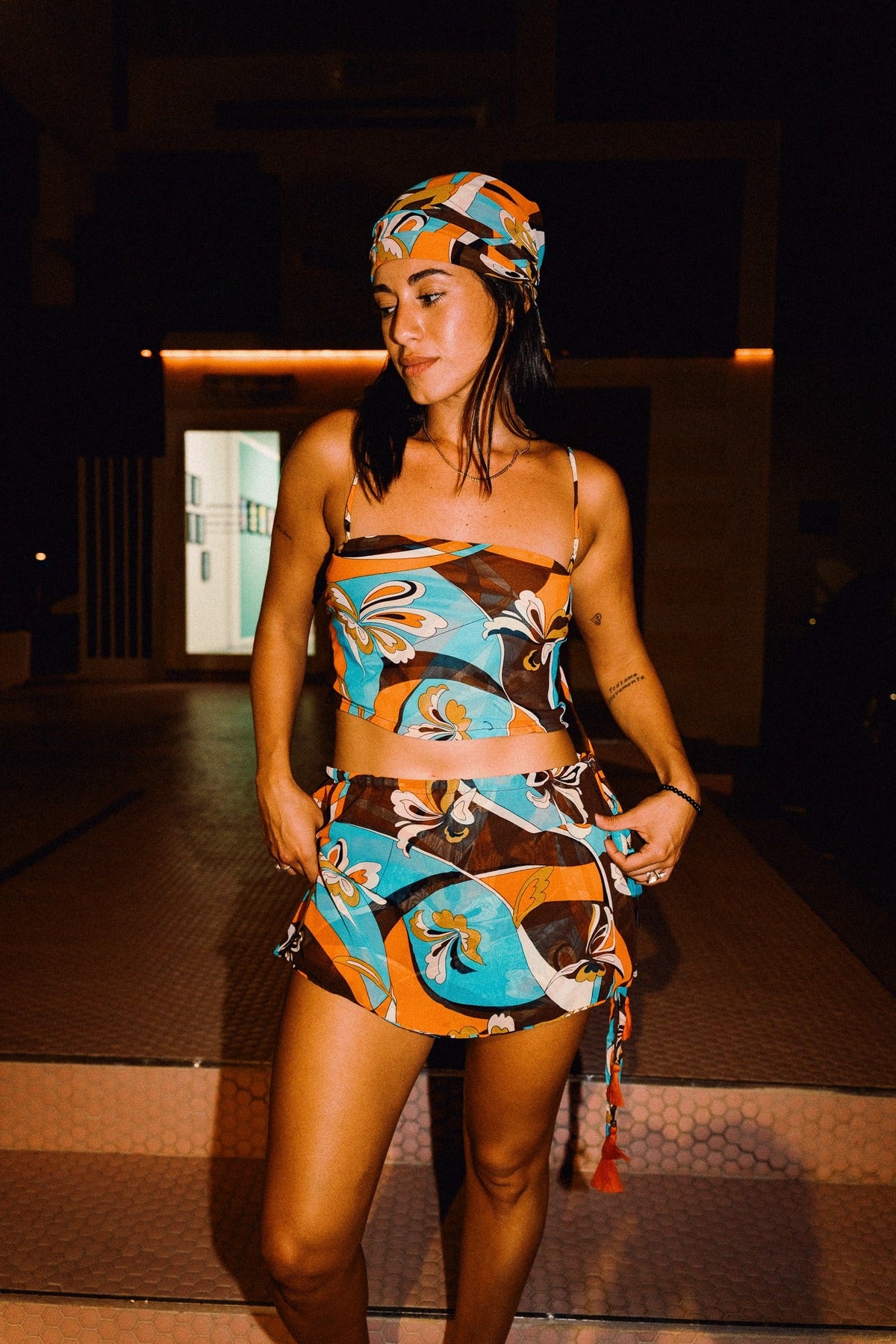 LUCHIA retro floral print tie-side mini skirt styled with matching top, fashion image 1